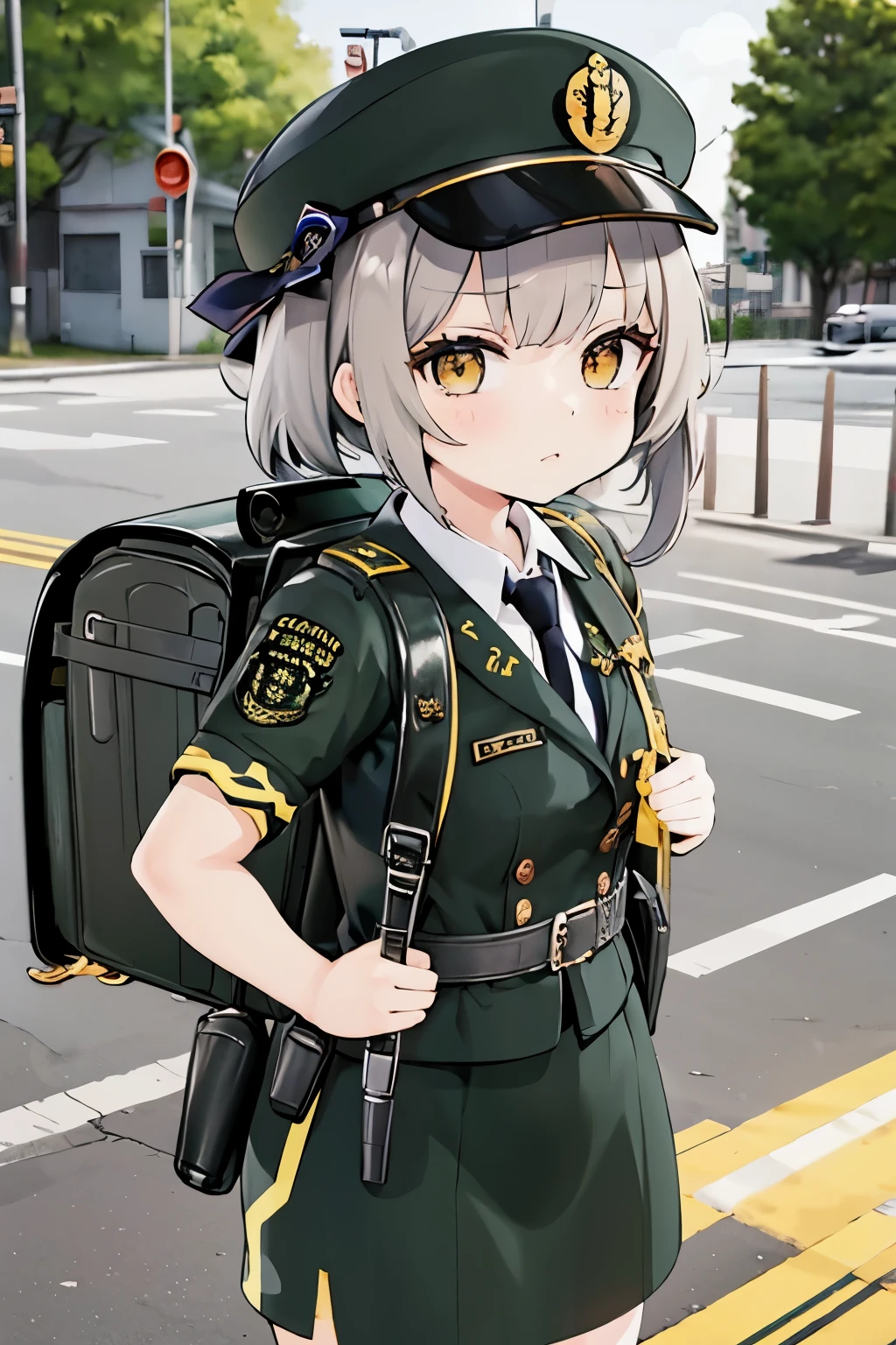 ((Original Character)) masterpiece, hd, 1girl, brown hair, yellow eyes, 10 y.o, cute girl, Genshin Impact, military gunner, miltary uniform, military cap, standing, outdoor, holding assault riffle, wearing school backpack, (backpack:1.1)