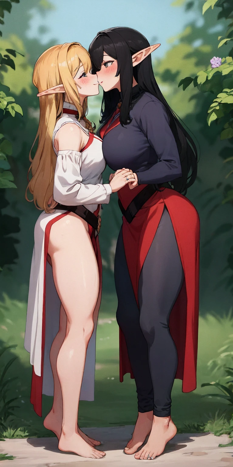 Body position: Standing, straight, symmetrical, barefoot, Lustful smile on face with red blush, 2 girls who gets married and stands in front of many people, kissing, purple skin drow elves