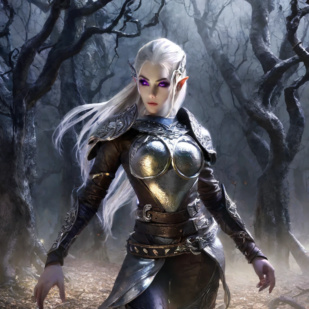 a powerful elven adventurer, pale skin, violet eyes, long silver hair, ornate studded leather armor, carrying a long bow and weapons on belt, walking through a haunted, eerie forest, moonlight shining through twisted branches, fog swirling around the trees, ancient stone ruins in the distance, (best quality,4k,8k,highres,masterpiece:1.2),ultra-detailed,(realistic,photorealistic,photo-realistic:1.37),fantasy,dramatic lighting,moody atmosphere,cinematic,highly detailed