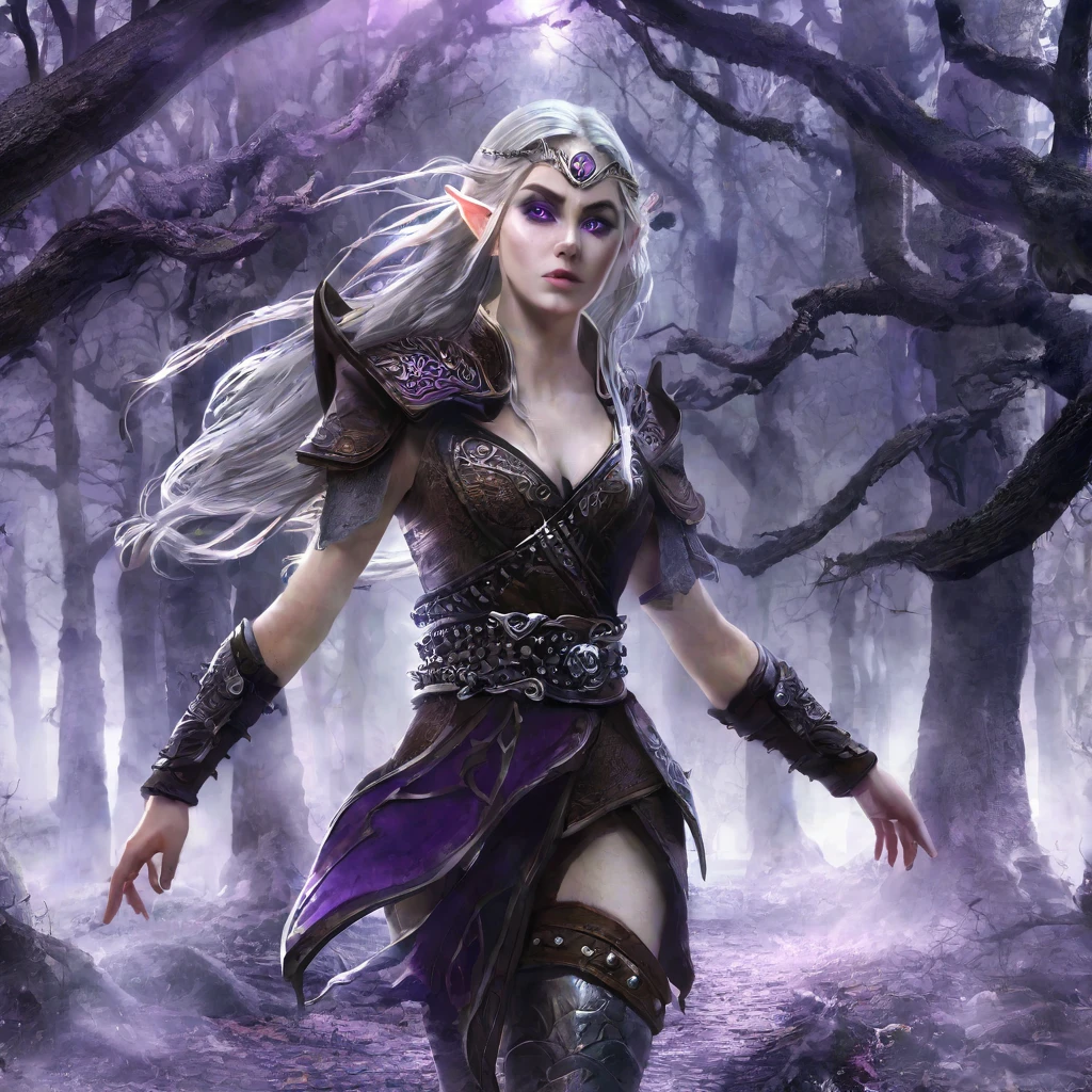 a powerful elven adventurer, pale skin, violet eyes, long silver hair, ornate studded leather armor, carrying a long bow and weapons on belt, walking through a haunted, eerie forest, moonlight shining through twisted branches, fog swirling around the trees, ancient stone ruins in the distance, (best quality,4k,8k,highres,masterpiece:1.2),ultra-detailed,(realistic,photorealistic,photo-realistic:1.37),fantasy,dramatic lighting,moody atmosphere,cinematic,highly detailed