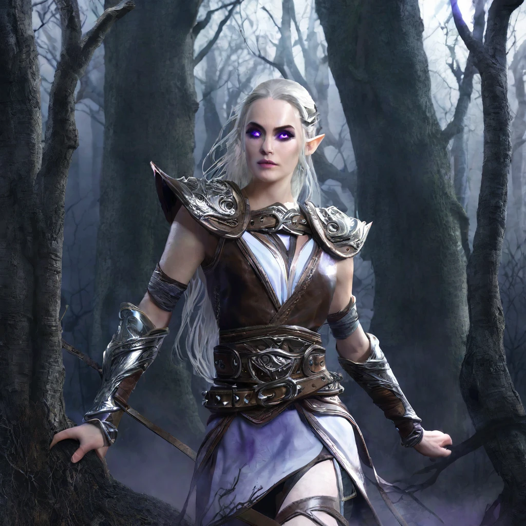 a powerful elven adventurer, pale skin, violet eyes, long silver hair, ornate studded leather armor, carrying a long bow and weapons on belt, walking through a haunted, eerie forest, moonlight shining through twisted branches, fog swirling around the trees, ancient stone ruins in the distance, (best quality,4k,8k,highres,masterpiece:1.2),ultra-detailed,(realistic,photorealistic,photo-realistic:1.37),fantasy,dramatic lighting,moody atmosphere,cinematic,highly detailed