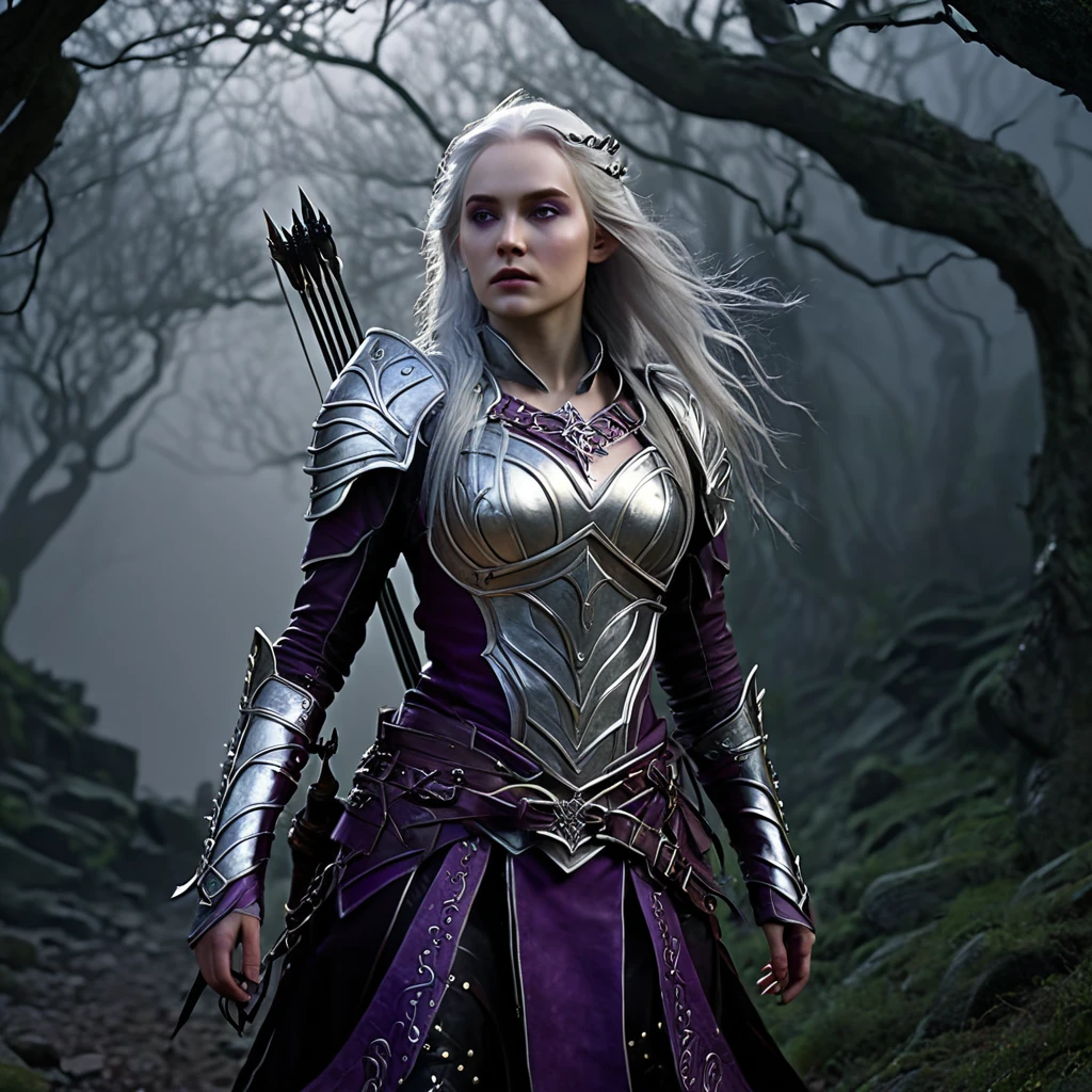 a powerful elven adventurer, pale skin, violet eyes, long silver hair, ornate studded leather armor, carrying a long bow and weapons on belt, walking through a haunted, eerie forest, moonlight shining through twisted branches, fog swirling around the trees, ancient stone ruins in the distance, (best quality,4k,8k,highres,masterpiece:1.2),ultra-detailed,(realistic,photorealistic,photo-realistic:1.37),fantasy,dramatic lighting,moody atmosphere,cinematic,highly detailed
