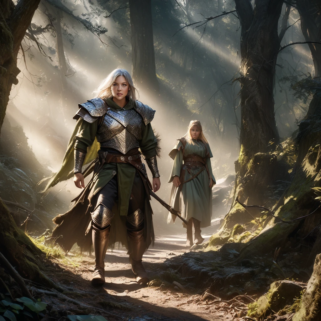 a powerful elven adventurer, pale skin, violet eyes, long silver hair, ornate studded leather armor, carrying a long bow and weapons on belt, walking through a haunted, eerie forest, moonlight shining through twisted branches, fog swirling around the trees, ancient stone ruins in the distance, (best quality,4k,8k,highres,masterpiece:1.2),ultra-detailed,(realistic,photorealistic,photo-realistic:1.37),fantasy,dramatic lighting,moody atmosphere,cinematic,highly detailed
