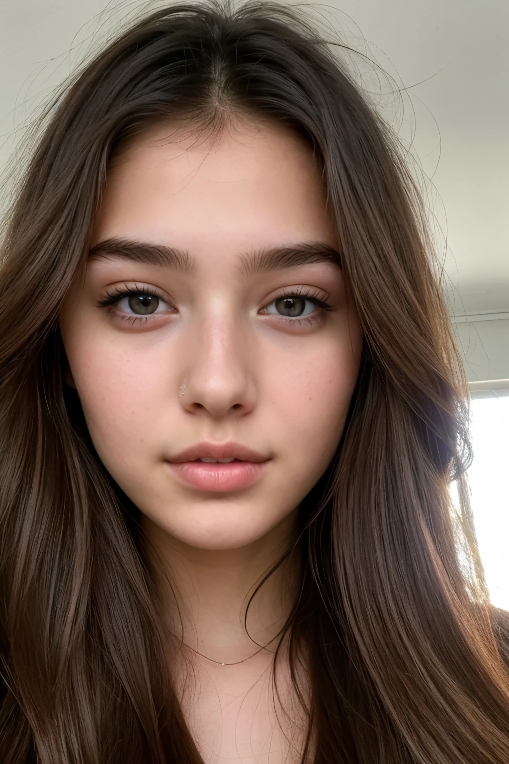 A 19-year-old girl with enviably long, brown photorealistic hair reveals her captivating, cute features in a leaked image captured on Instagram. The close-up selfie is presented in pristine quality, showcasing her youthful beauty and the intricacies of her face. The image, reminiscent of a Hollywood starlet, features soft lighting and high resolution for a truly cinematic appeal. The girl's hair, with its natural highlights, cascades elegantly, complementing her mysterious, alluring expression.