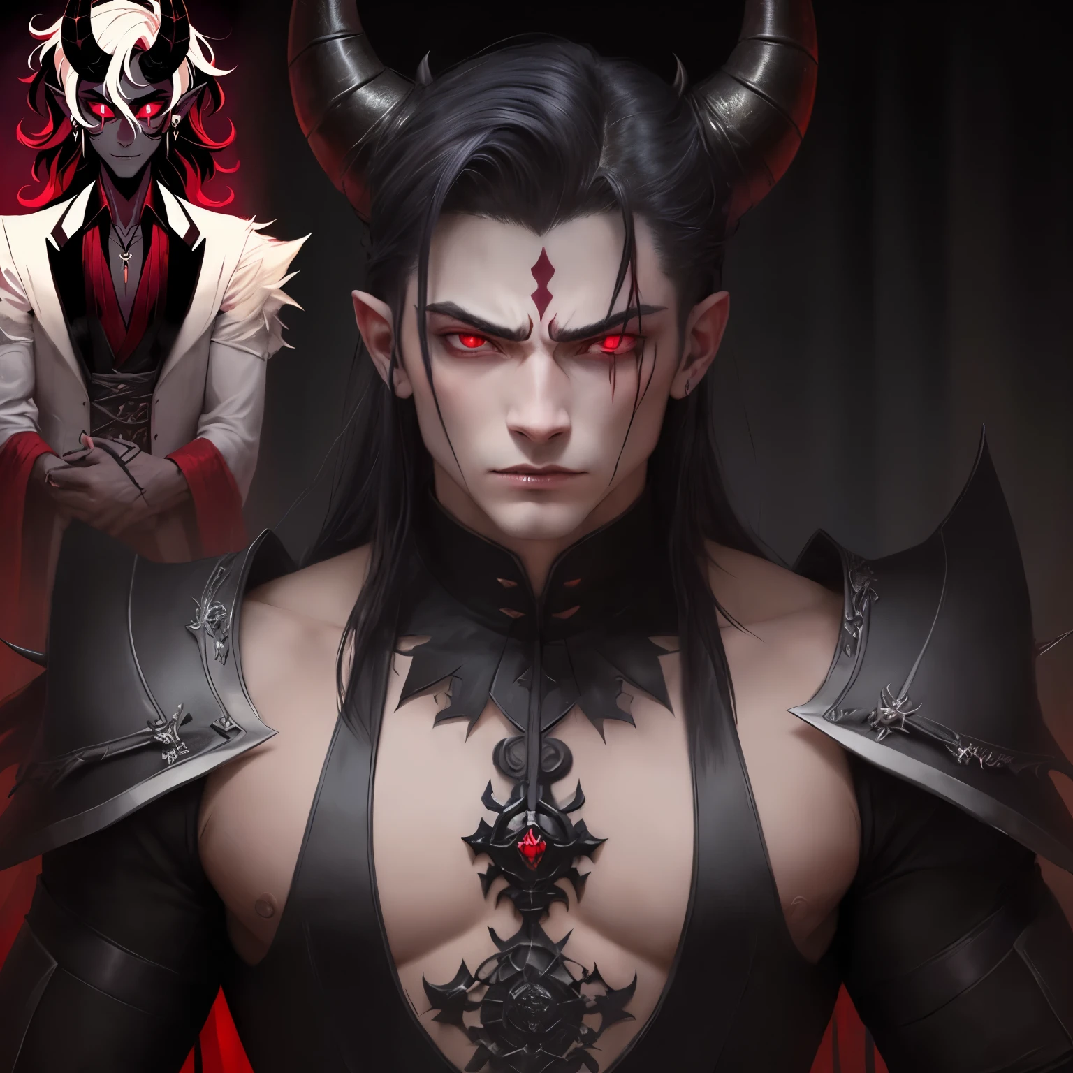 a close-up of a person with horns on their head, demon boy, elegant dream demon, vampiro homem, male demon, half-human demon portrait, handsome japanese demon boy, giesha demon, macho malvado e desonesto, com olhos vermelhos brilhantes, your eyes are red and glowing, demon lord, demonic! compedium!, ajuste male demon com chifres brancos, with a furious and sad expression