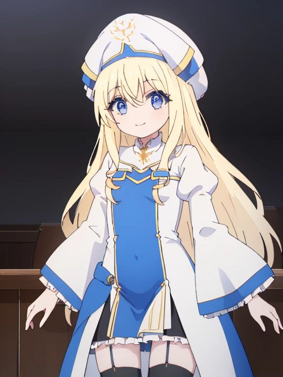 priestess, priestess, blonde hair, blue eyes, long hair, hair between eyes, (flat chest), smile,
BREAK boots, dress, frilled sleeves, frills, hat, white headwear, pelvic curtain, high heels, robe, thigh boots, thighhighs, white thighhighs, long sleeves, puffy sleeves,
BREAK indoors, church,
BREAK looking at viewer, (cowboy shot:1.5),
BREAK (masterpiece:1.2), best quality, high resolution, unity 8k wallpaper, (illustration:0.8), (beautiful detailed eyes:1.6), extremely detailed face, perfect lighting, extremely detailed CG, (perfect hands, perfect anatomy),