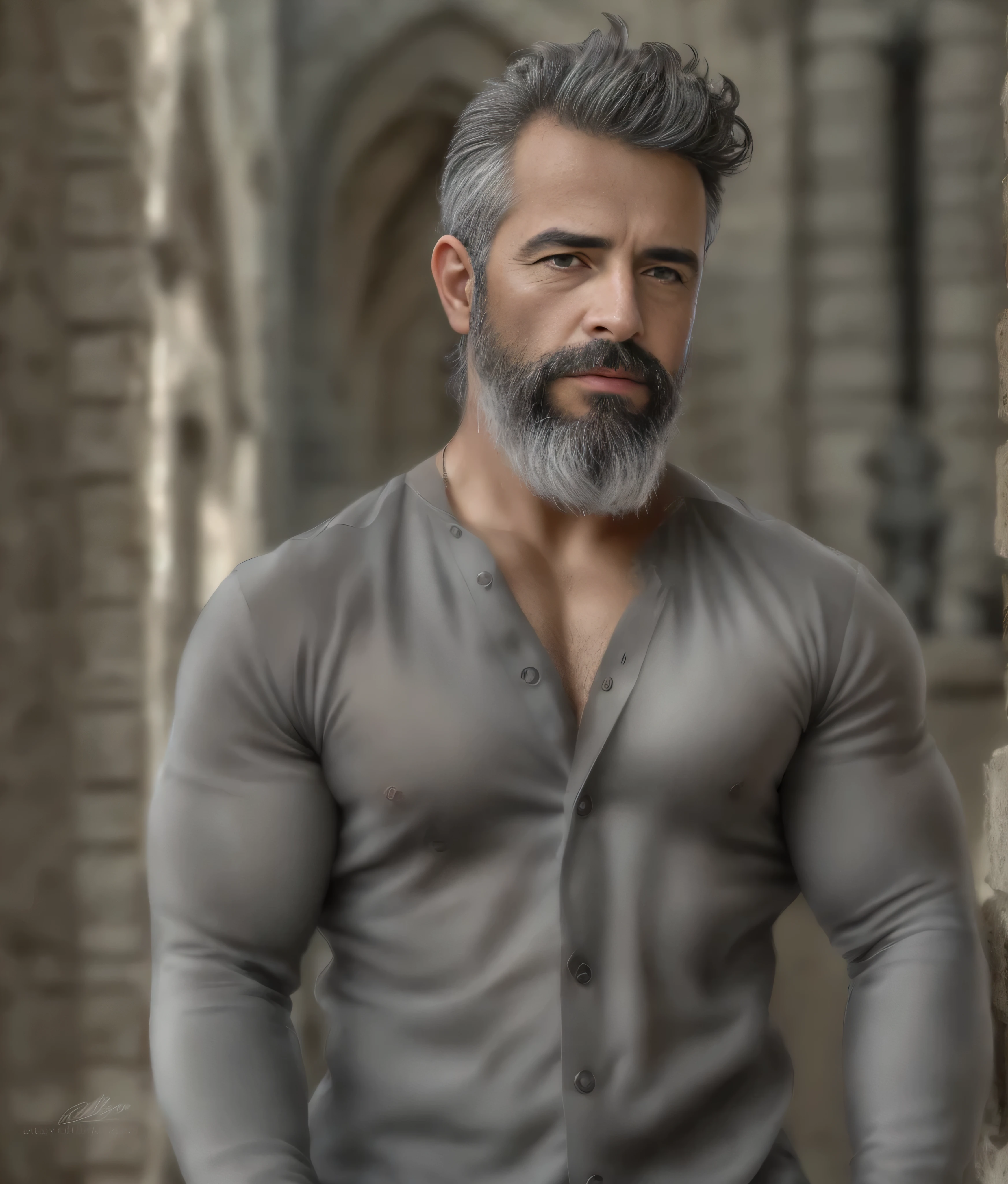 obra maestra, mejor calidad, high resolution, primer retrato, enfoque masculino, enfocarse solo, Un hombre, 50 years old, con uniforme de sacerdote, Ropa de sacerdote, padre sacerdote, pelo gris plateado, peinado desordenado, cute and seductor face, pecho desnudo, el vello corporal, vello facial, nariz romana, unkempt, abdominales peludos,  cuerpo delgado, Piernas peludas, hoyuelos, barba, bold jaw , al fondo una trastienda de la iglesia,  vista desde abajo, amazing composition, vista frontal, hdr, Ultra calidad, elegant, muy detallado, sexual tension, seductor