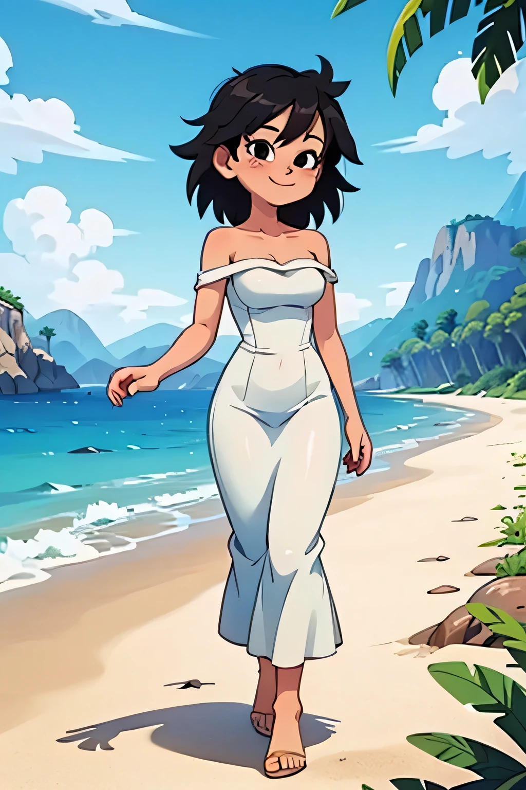 anime screencap, masterpiece, best quality, highres, outdoors, small breasts, gine, spiky black hair, 1 girl, Solo, Black Eyes, Good hands are down, Smile, Blushing, Bare Neck, Bare Shoulders, strapless, white dress, White Ruffle off-the-shoulder maxi dress with a high-low hem. Cowboy shot. A landscape of the beach, sea, blue skies, sand beach. In the center. Walking on the beach with bare feets. Far from the bottom, looking at viewers