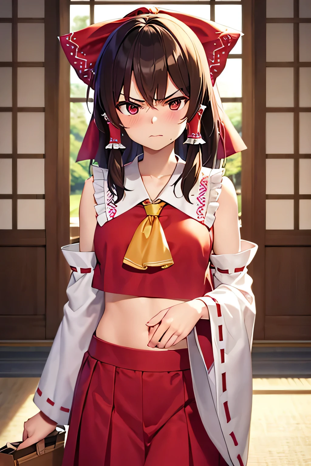 super fine illustration, vibrant colors, masterpiece, sharp focus, best quality, depth of field, cinematic lighting, ultra detailed, blush, angry, pursed lip, crop top, shrine maiden, hakurei reimu, 1girl, hair bow, ascot, hair tubes, detached sleeves, looking down, red shirt, red skirt, long hair, dark brown hair, indoors, mature woman