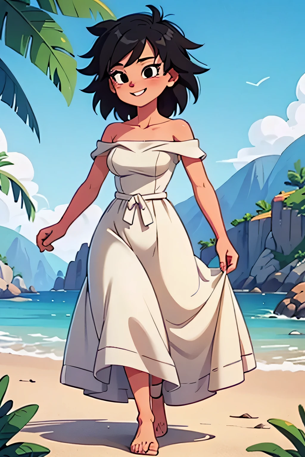 anime screencap, masterpiece, best quality, highres, outdoors, small breasts, gine, spiky black hair, 1 girl, Solo, Black Eyes, Good hands are down, Smile, Blushing, Bare Neck, Bare Shoulders, strapless, white dress, White Ruffle off-the-shoulder maxi dress with a high-low hem. Cowboy shot. A landscape of the beach, sea, blue skies, sand beach. In the center. Walking on the beach with bare feets. Far from the bottom, looking at viewers