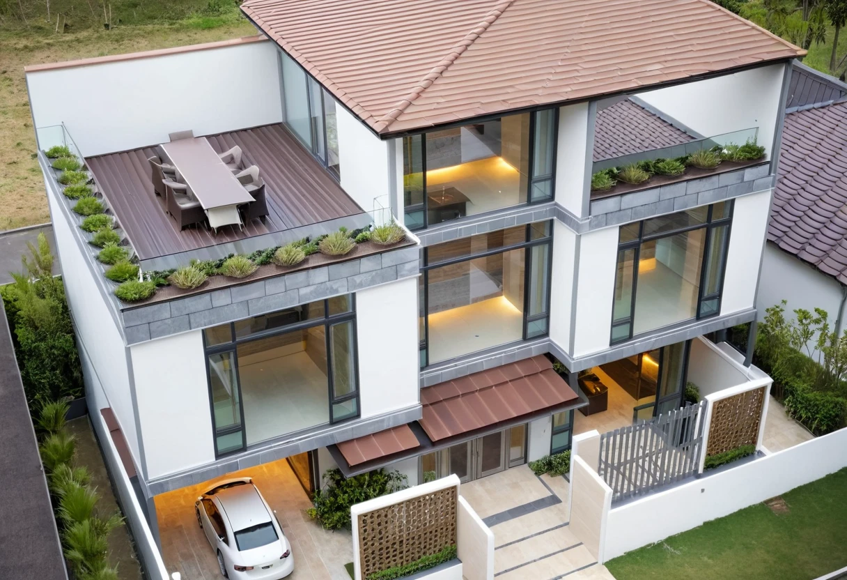 Raw photo,Masterpiece, high quality, best quality, authentic, super detail, exterior, outdoors, house style modern on the street,pavement, grass, trees, sky, cloud, (day:1.1), ((MIX WHITE AND Chocolate style color : 1.3)); (((CHOCOLATE COLOR STYLE ROOF TILES : 1.7))) , japanese roof style