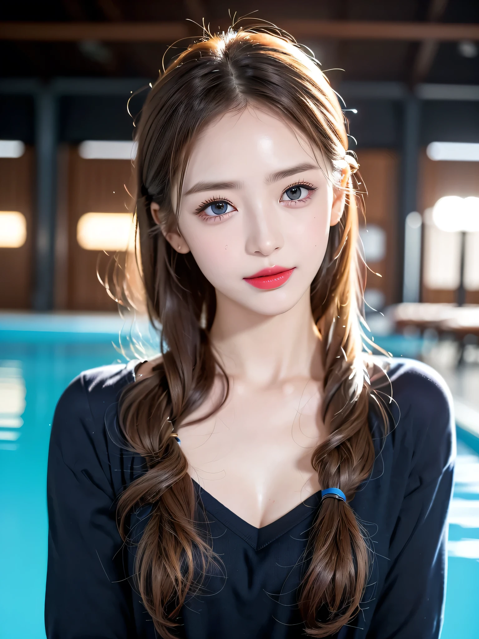 (((sfw:1.5)))、((Near the huge summer pool)), Real、8k、 ((Anatomically correct)), ((Perfect balance)) , 8-year-old、1 female、Round face with a large chin、Baby Face、Cute Smile、 A close-up of her face:0.6, Top quality soft lighting, ((realistic perfectly round brown_eye:1.3、Big Eyes、Dripping eye)), (Light pale complexion), ((Detailed pupils:1.4)), (Perfect Makeup:1.3), (Symmetrical lips:1.3)),(Bright shiny red_lipstick:1.35), ((Blue eyelashes: 1.17)), (Very detailed, Beautiful little nose:1.2), (Perfect composition), ((Sunburned skin:1.28)), ((Oily skin)), ((The blackＹshirt, The blackチューブトップブラジャー) , The background is simple and blue, The gaze is directed downwards at a low angle、 (((Anatomically correct)))、（Perfect Body Proportions)、(Natural Hands、Natural Fingers、Natural Legs)