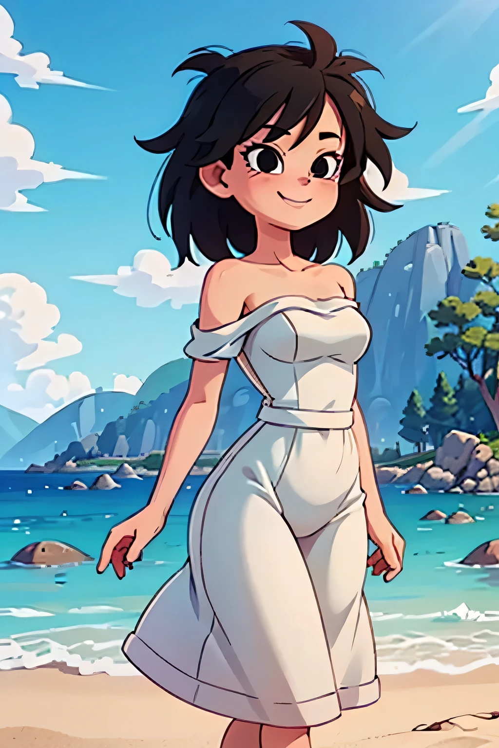 anime screencap, masterpiece, best quality, highres, outdoors, small breasts, gine, spiky black hair, 1 girl, Solo, Black Eyes, Good hands are down, Smile, Blushing, Bare Neck, Bare Shoulders, strapless, white dress, White Ruffle off-the-shoulder maxi dress with a high-low hem. Cowboy shot. A landscape of the beach, sea, blue skies, sand beach. In the center. Walking on the beach with bare feets. Far from the bottom, looking at viewers