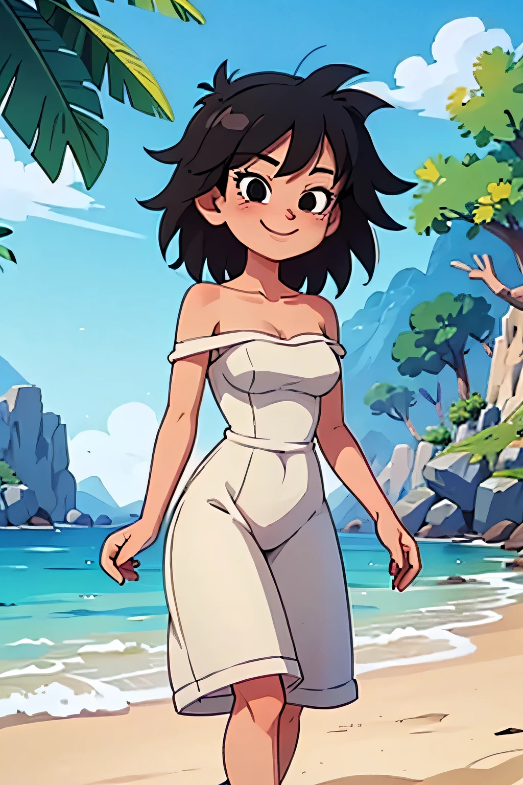 anime screencap, masterpiece, best quality, highres, outdoors, small breasts, gine, spiky black hair, 1 girl, Solo, Black Eyes, Good hands are down, Smile, Blushing, Bare Neck, Bare Shoulders, strapless, white dress, White Ruffle off-the-shoulder maxi dress with a high-low hem. Cowboy shot. A landscape of the beach, sea, blue skies, sand beach. In the center. Walking on the beach with bare feets. Far from the bottom, looking at viewers