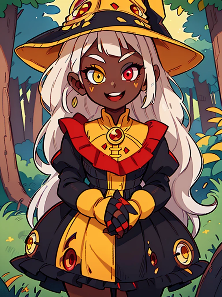 ((best quality, official art, masterpiece, 8k, HD, ultra-detailed)), 1 witch child with red and yellow eyes, cute , dark skin, white hair, straight shiny hair, (big hair), (((((Heterochromia in the eyes, best quality, ultra-detailed red and yellow eyes, very detailed eyes, yellow left eye and red right eye))))), ultra realistic eyes, ultra detailed eyes, well-drawn features, red eyes and ultra detailed yellow eyes, eyes well proportioned to her face, extremely detailed eyes, perfect eyes, extremely realistic eyes, well outlined eyes, long eyelashes, Anime style, beautiful features, perfect face, smiling, dark skin, natural body, child's body, she wore a dress black with ruffles, (((1 girl , dark-skinned witch, white hair, detailed red and yellow eyes))), Looking at the viewer, background setting, setting in a forest with wooden houses in the background, ultra- detailed, posing alone Looking at the viewer.