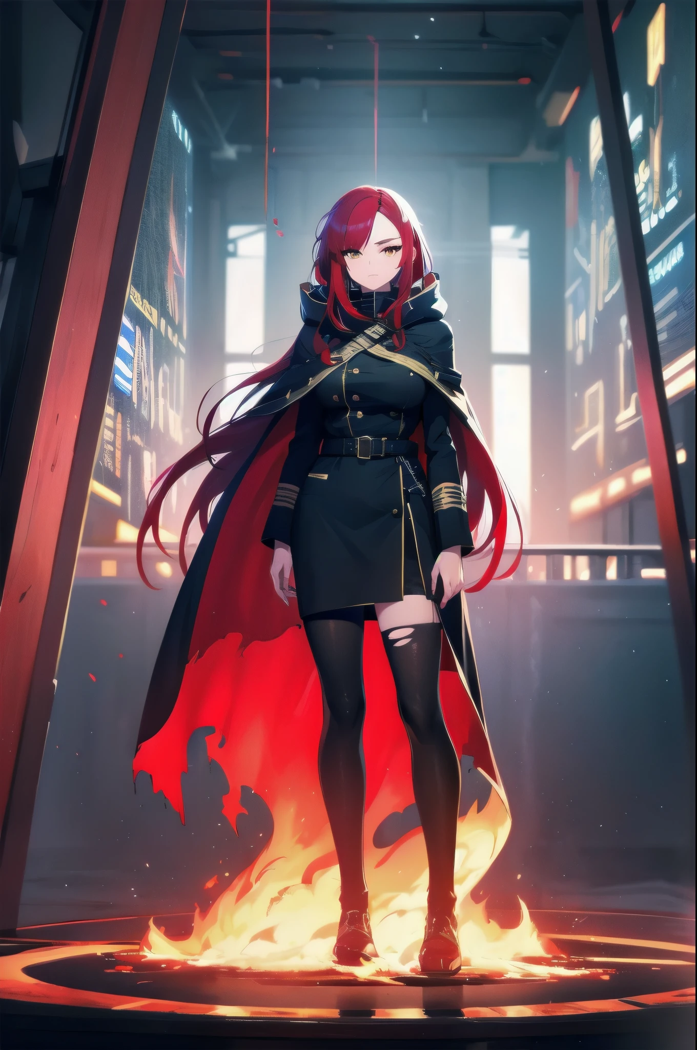 (masterpiece:1.37), woman, mature, extremely detailed eyes and face, long straight hair, (red hair:1.5), yellow eyes, military uniform, cloak, torn cloak, ripped cloak, flame-print cloak, futuristic, science fiction, hologram armband, unicursal hexagram-shaped pupils, standing, large breasts, futuristic, science fiction, hologram armband, best quality, 8k, highres, ultra-detailed, studio lighting, ultra-fine painting, sharp focus, physically-based rendering, extreme detail description, professional, vivid colors, bokeh, extreme attention to detail, tsurime, messy bangs, long bangs, bright red hair highlights, two-tone hair, full body