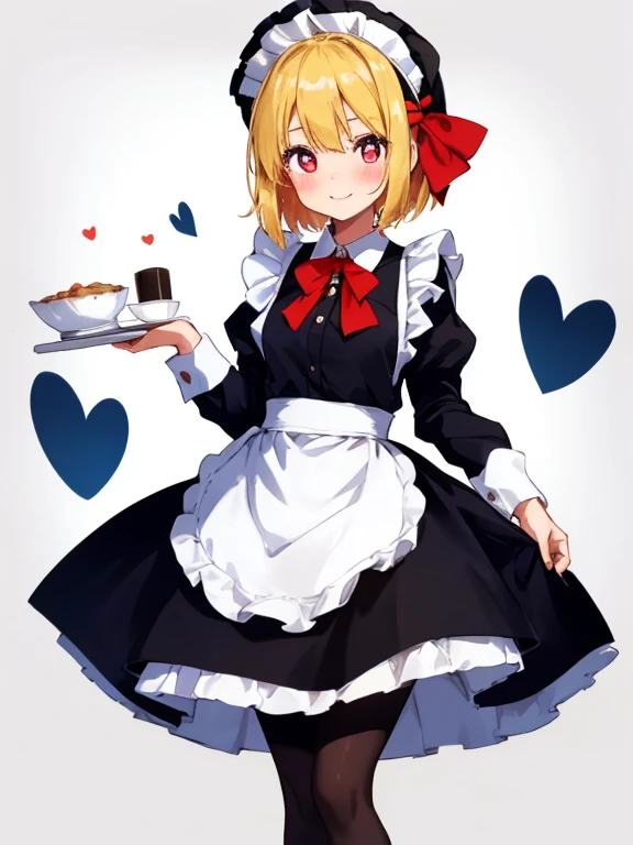 rumia,1girl, , holding skirt, solo, blond hair, red eyes, flatchest, young, white_background, heart, full_body, simple_background, black_footwear, maid, long_sleeves, maid_headdress, smile, alternate_costume, black_dress, closed_mouth, mary_janes, white_pantyhose, white_apron, red_bow, standing, looking_at_viewer, ribbon, blush, maid_apron
star-shaped_pupils,symbol-shaped_pupils,. gorgeous,key visual, vibrant, studio anime,award-winning, professional, highly detailed,high budget, cinemascope,