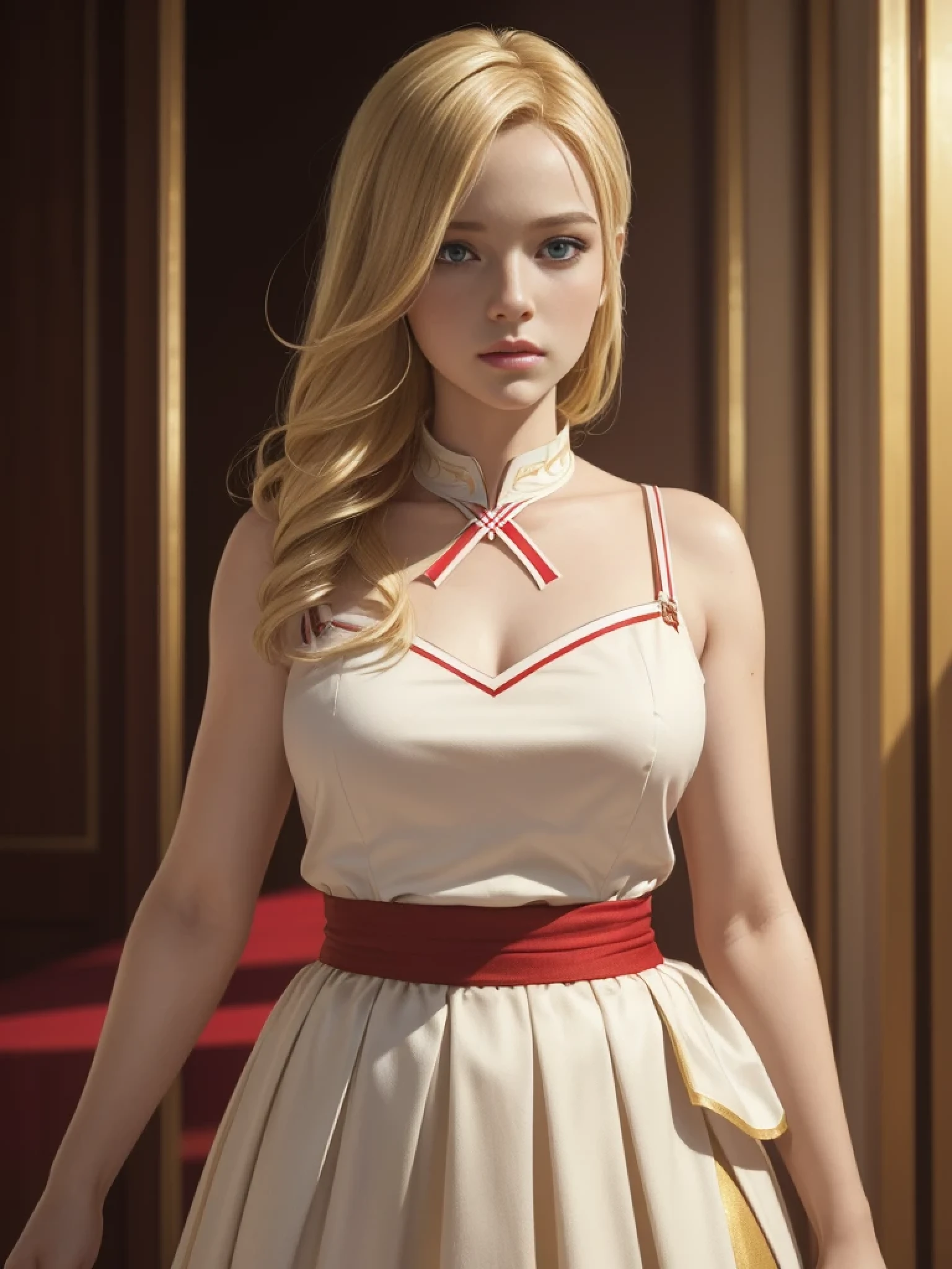 (Best Highest Quality, 8K, High Resolution, Masterpiece:1.2), Ultra Detailed, Extremely Fine, (Realistic, Photo Realistic:1.37), Make a Character named Cora, perfectly beautiful, blonde hair, red pupils, wears white and gold top with red lines, wears white and gold skirt with red lines, girl, 150 cm height.
