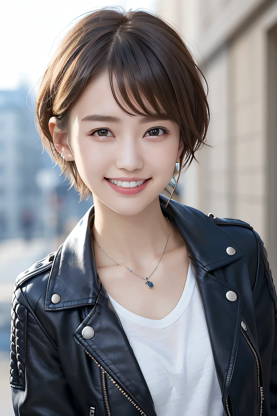 205 ((short hair)), 20-year-old female, In underwear、Leather jacket、Open your mouth、smile、Beautiful teeth alignment、Black Hair、ear piercing、Necklace around the neck、Looking into the camera, The background is the city