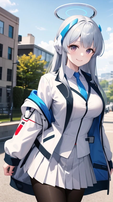 masterpiece, best quality, highres, Ushio Noa, long hair, headgear, mechanical halo, large breasts, blue necktie, white shirt, off shoulder, white jacket, open jacket, long sleeves, white skirt, pleated skirt, black pantyhose, standing, cowboy shot, outdoors, smile