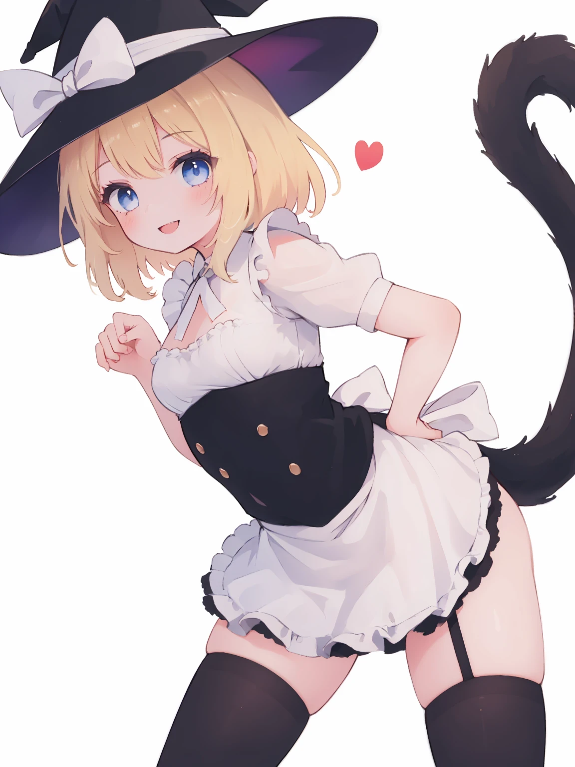 blond blue eyes, absurdres, absolutely resolution, incredibly absurdres, highres, ultra detailed
BREAK
(1girl, solo:1.4), beautiful and shiny skin, coquettish skin, dynamic angle, close-up, cowboy shot, smile
BREAK
witch maid, black cat tail, smile, black thighhigh, paw posing, leg up outside, paw, paw stamps, white background,
nice hands, perfect hands, 