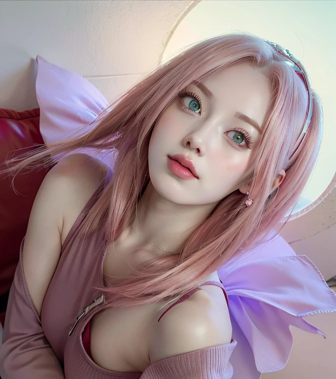 young woman, short shoulder-length pink hair, wide forehead, porcelain skin, pink eyebrows, big emerald green eyes, buttoned nose, full lips, heart-shaped face, slender body, small breasts, red tank top, Sakura Haruno , realistic, realism, details, 3d, well detailed
