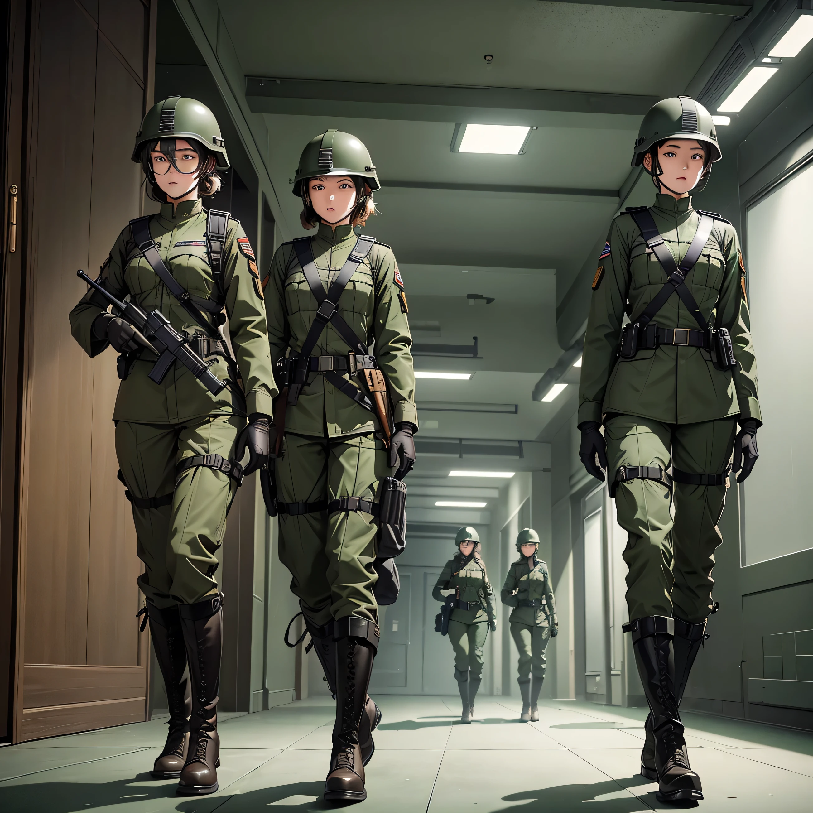 Four female soldiers in steel helmets,Dark green military uniform,Brown belt,Black boots,Interior corridors,patrol,Tactical gloves,Tactical harness,full-body shot,Write details、masterpiece、best quality、Highly detailed CG、8K picture quality、theater lighting、lens flare