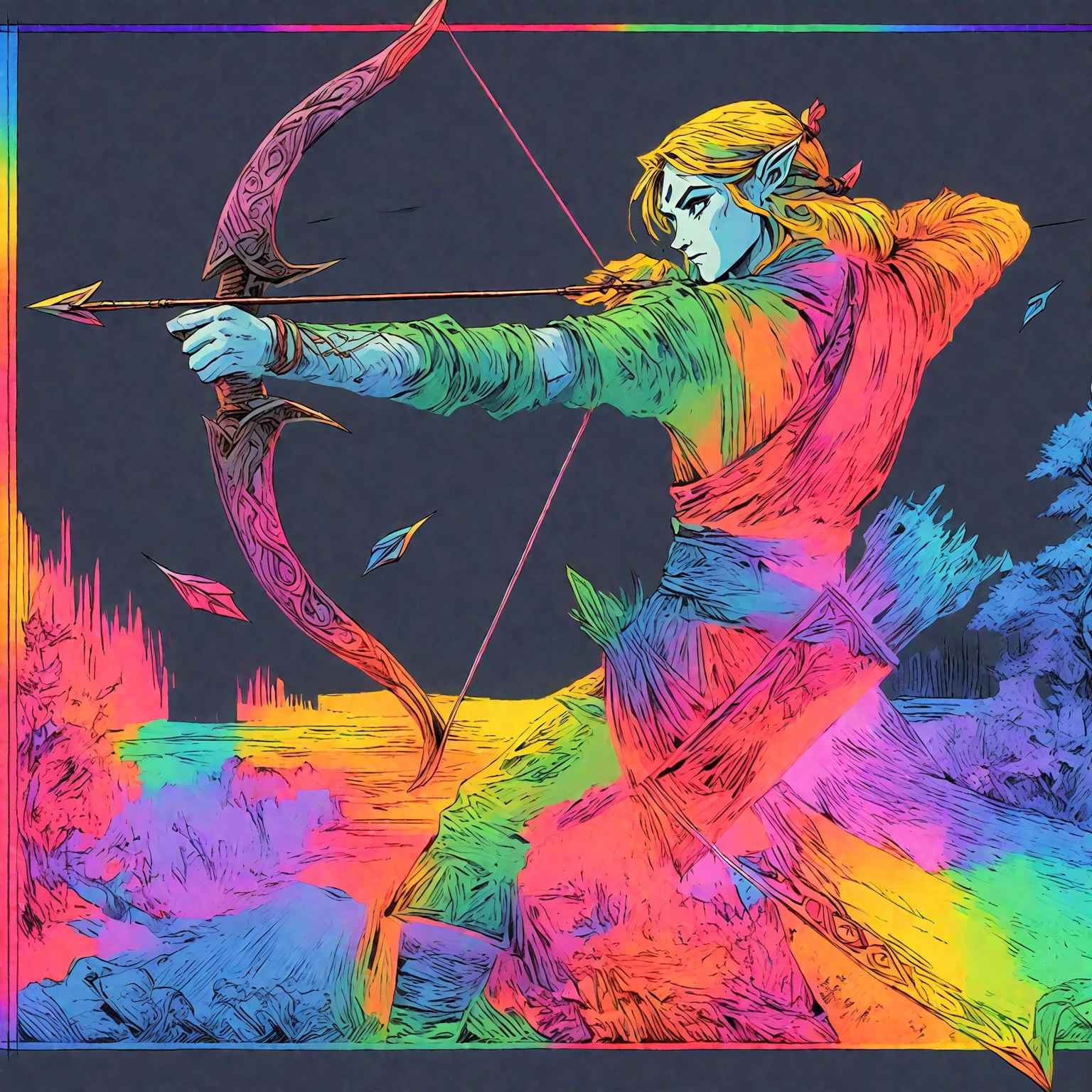 VHS, glitch, distorted, nostalgia, 90's retro vibes, analog tape, vcr aesthetics, tv, television, hand drawn, (full roygbiv color) ink charcoal expressive illustration, no light source, darkness, light mask uv rays across face, Link (zelda), Elf, with bow arrow, quiver, way of the bow, zen, minimal, futility, precise, (phantom hourglass style reference),
