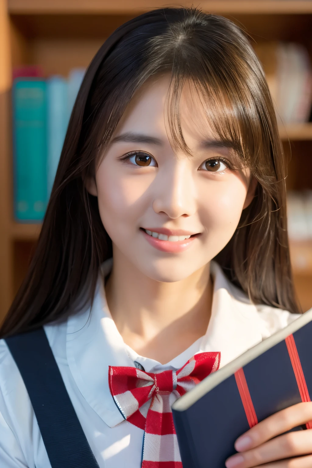 best qualtiy,tmasterpiece,Ultra-high resolution,(Reality:1.4),RAW photogr,1girll,long whitr hair,Face Highlighting,Pure,Girly,Flushing,18yr old,18-year-old smiling female classmate,Pure,Innocent,(best qualtiy,8K,tmasterpiece:1.3),Goose egg face,largeeyes,long eyelasher,Exquisite(live-action realistic style),Star-like eyes,Ultimate face,Photorealistic light and shadow,Clear facial features,Milky white skin,Fair skin, highdetailskin, Realistic skin details, Visible Pore,(Super detail),(perfect bodies:1.1),long whitr hair,(dynamicposes),((Dynamic background((volumettic light:1.3)),Classroom,Plaid skirts,red bowtie,huge tit,White color blouse,There was a stack of books on the table,The blackboard is full of mathematical formulas