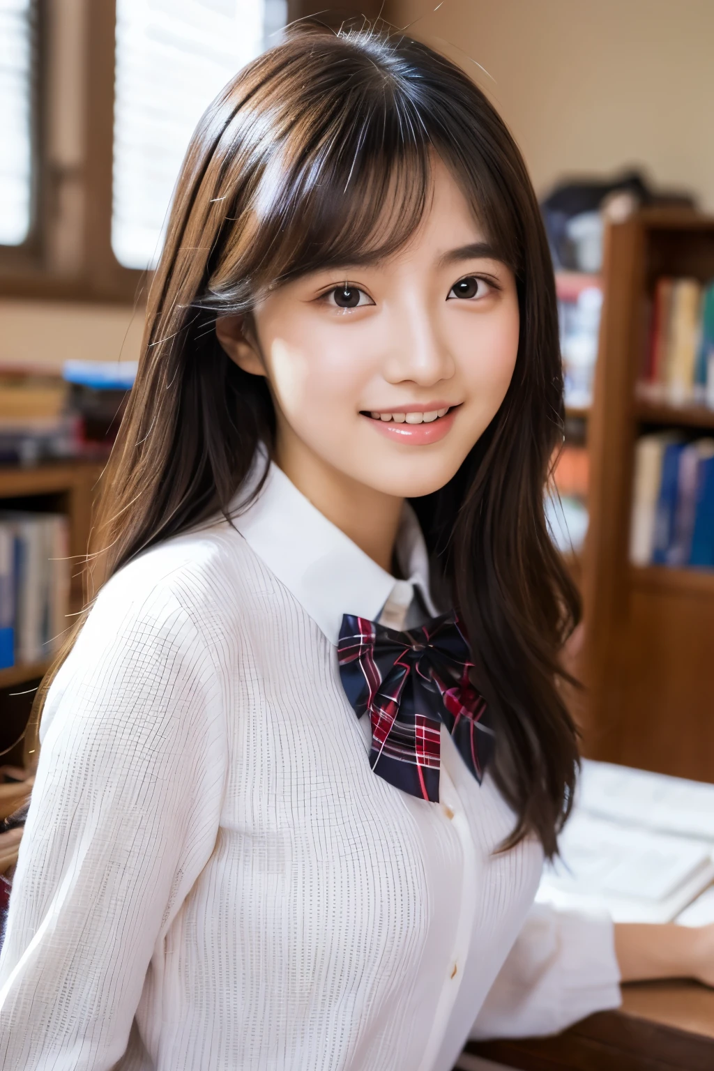 best qualtiy,tmasterpiece,Ultra-high resolution,(Reality:1.4),RAW photogr,1girll,long whitr hair,Face Highlighting,Pure,Girly,Flushing,18yr old,18-year-old smiling female classmate,Pure,Innocent,(best qualtiy,8K,tmasterpiece:1.3),Goose egg face,largeeyes,long eyelasher,Exquisite(live-action realistic style),Star-like eyes,Ultimate face,Photorealistic light and shadow,Clear facial features,Milky white skin,Fair skin, highdetailskin, Realistic skin details, Visible Pore,(Super detail),(perfect bodies:1.1),long whitr hair,(dynamicposes),((Dynamic background((volumettic light:1.3)),Classroom,Plaid skirts,red bowtie,huge tit,White color blouse,There was a stack of books on the table,The blackboard is full of mathematical formulas