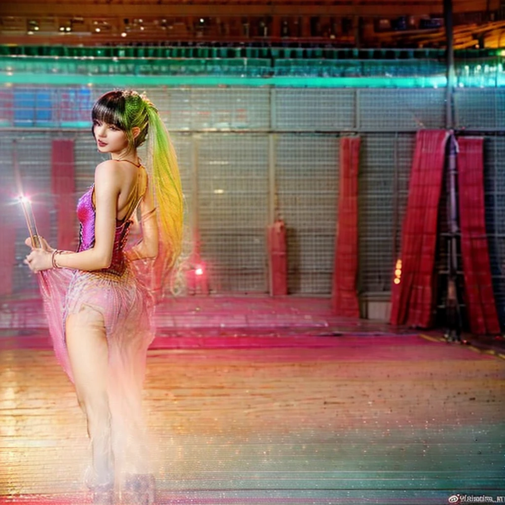 An elven dancer (woman, unearthly beauty, rainbow hair, rainbow sheer silky billowing dress) doing a sultry dance with grand sweeping movements, royal banquet hall