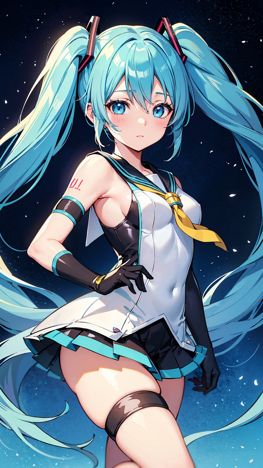 Anime Style, Vibrant, Studio Anime, Very detailed, One girl, Hatsune Miku VOCALOID, ((Sailor Warrior Costumes)), Long gloves, Light blue hair, Light blue eyes, Twin tails, Big Hair, humid, Mature Woman, Sensual