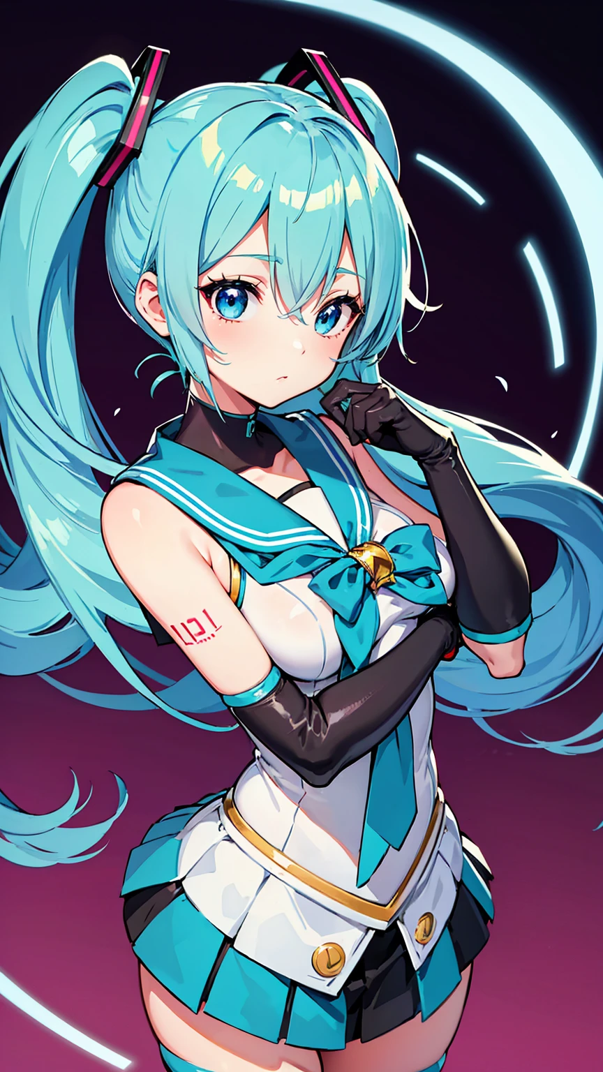 Anime Style, Vibrant, Studio Anime, Very detailed, One girl, Hatsune Miku VOCALOID, ((Sailor Warrior Costumes)), Long gloves, Light blue hair, Light blue eyes, Twin tails, Big Hair, humid, Mature Woman, Sensual
