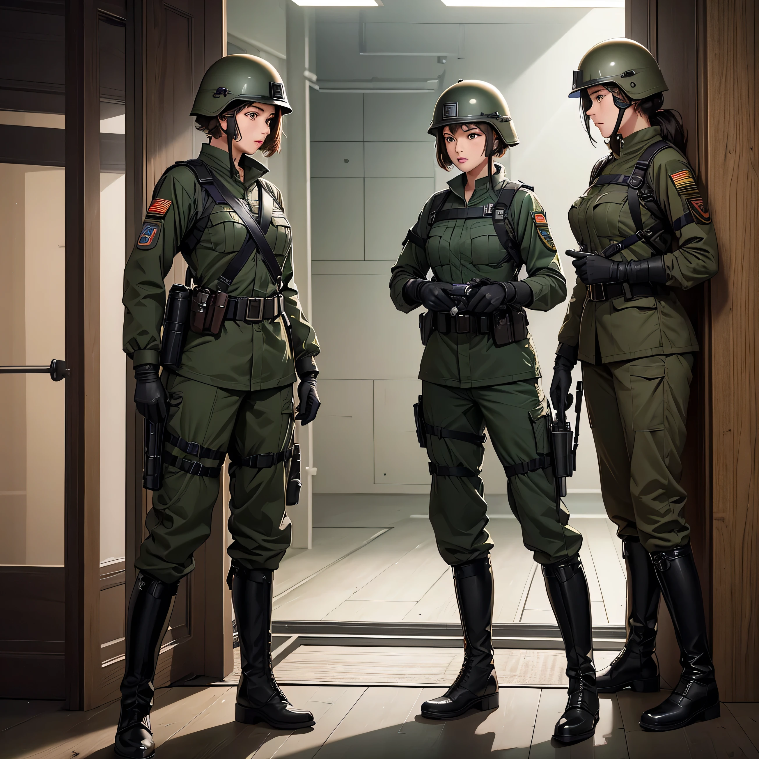 Three female soldiers in steel helmets in battle,Shoot and shoot,Dark green military uniform,Brown belt,Black boots,Interior corridors,Tactical gloves,Tactical harness,full-body shot,Write details、masterpiece、best quality、Highly detailed CG、8K picture quality、theater lighting、lens flare