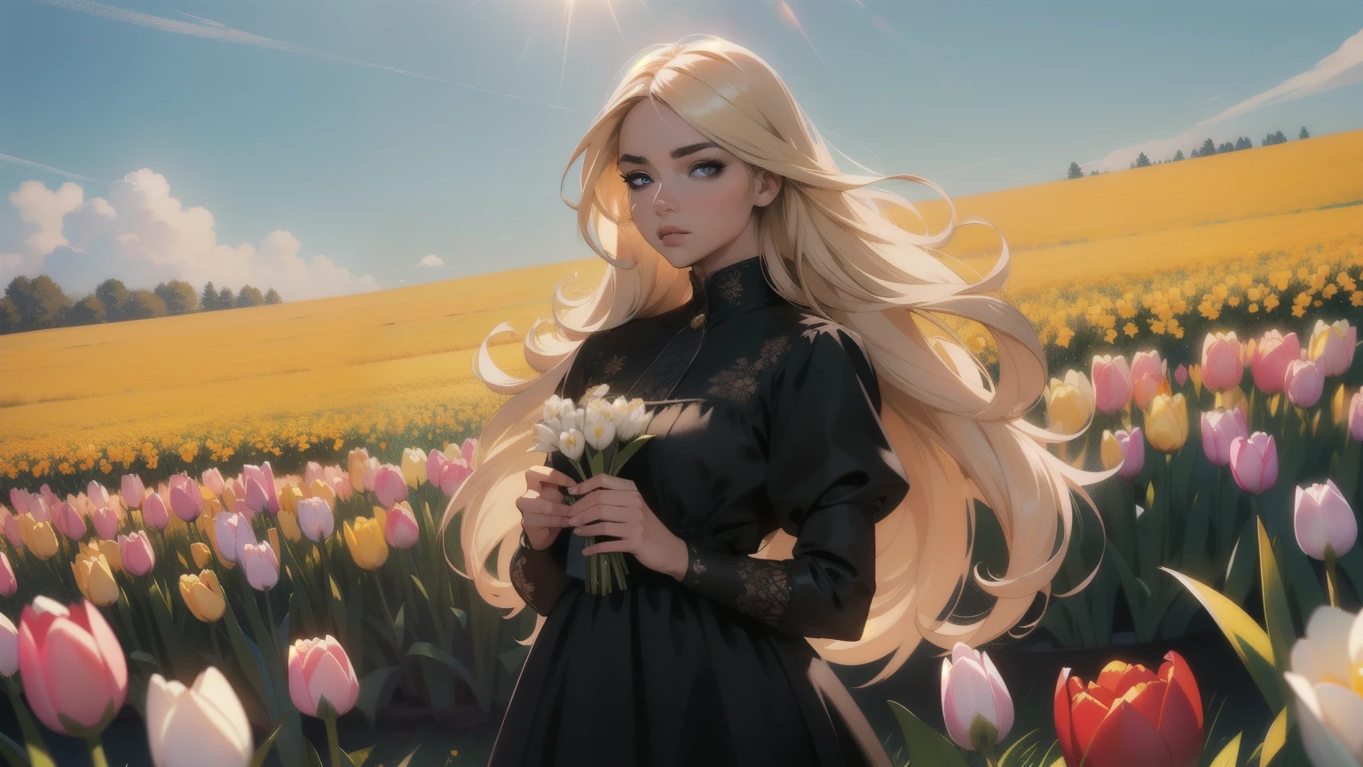 (RAW Photo), (highly detailed:1.20), (ultra realistic:1.10), beautiful cute and ultra-realistic Russian woman with bright skin tone, (perfect face:1.20), (detailed black eyes:1.20), with long honey blonde hair, wearing a soft pastel dress, full body, standing among tulips in a sunlit field, high-quality ultra realistic style, detailed eyes, professional, expressive, 8K, highly detailed, professional.