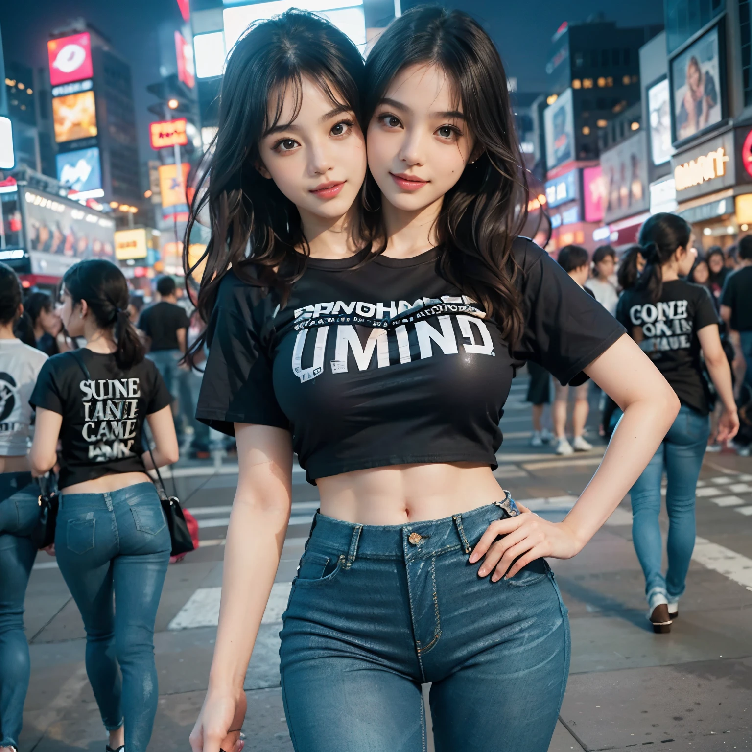 ((masterpiece、highest quality))、shape、Super detailed、8k、realistic、sharp focus、very detailed、professional lighting、colorful details、、detailed texture、skin moisture、shiny skin、perfect style、bow、(((unparalleled beauty:1.5)))、((precise fingers:1.5))、(wear underwear:1.5)、(wear jeans and a T-shirt:1.5)、(Walking in front of Times Square in New York at night)、look at the camera、18-year-old、medium breasts、shine、intricate details、Shitsumeka、1 A woman stands in front of the camera、smile、 information, conjoined_dicephalus, (two heads:1.2)