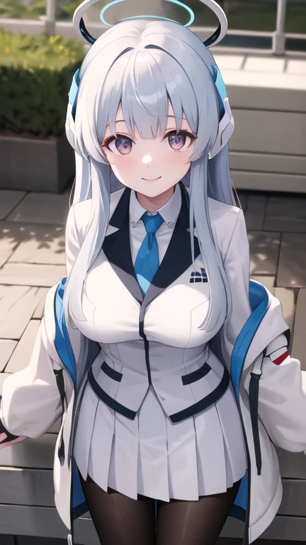 masterpiece, best quality, highres, Ushio Noa, long hair, headgear, mechanical halo, large breasts, blue necktie, white shirt, off shoulder, white jacket, open jacket, long sleeves, white skirt, pleated skirt, black pantyhose, standing, cowboy shot, outdoors, smile