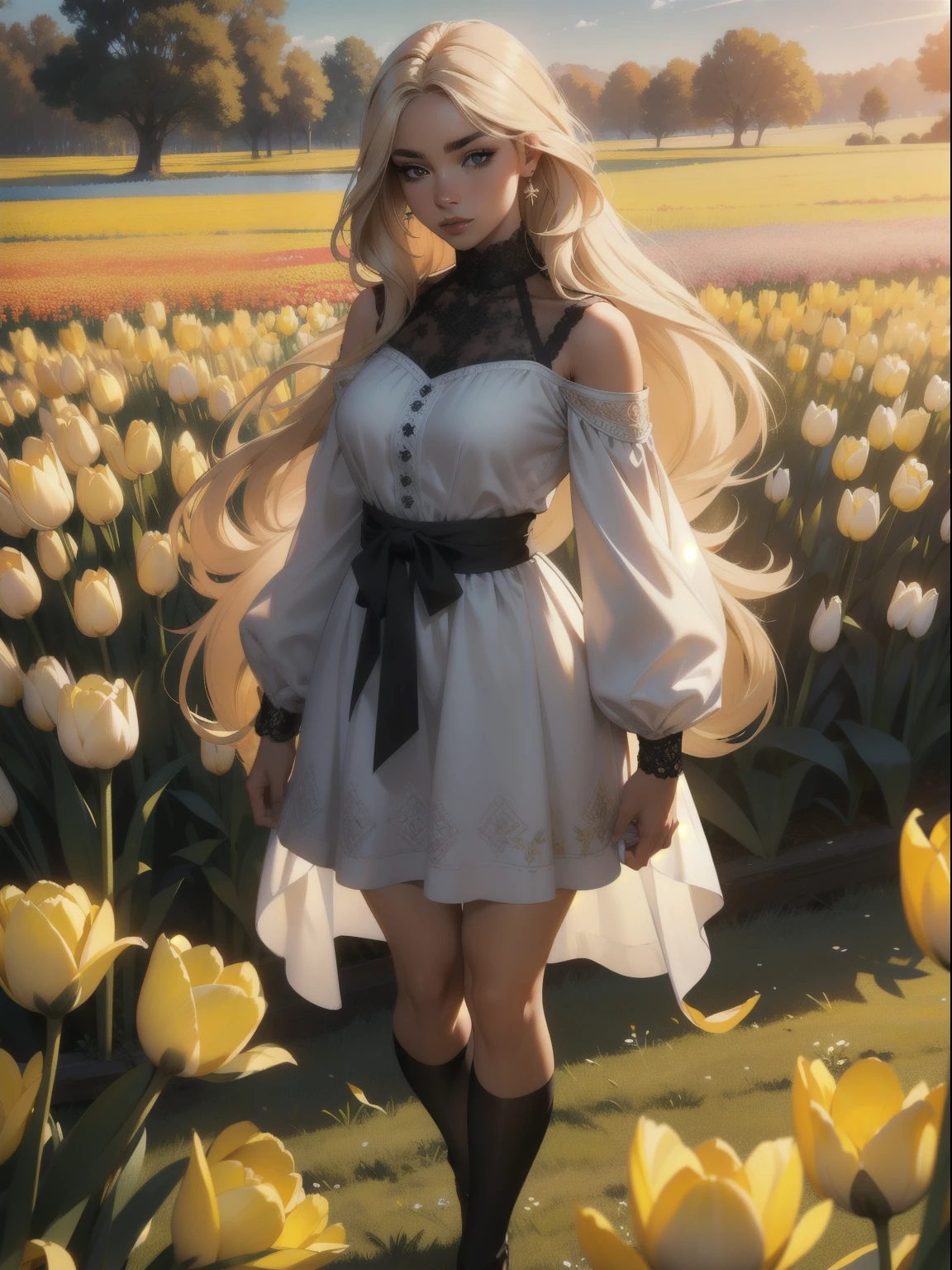 (RAW Photo), (highly detailed:1.20), (ultra realistic:1.10), beautiful cute and ultra-realistic Russian woman with bright skin tone, (perfect face:1.20), (detailed black eyes:1.20), with long honey blonde hair, wearing a soft pastel dress, full body, standing among tulips in a sunlit field, high-quality ultra realistic style, detailed eyes, professional, expressive, 8K, highly detailed, professional.