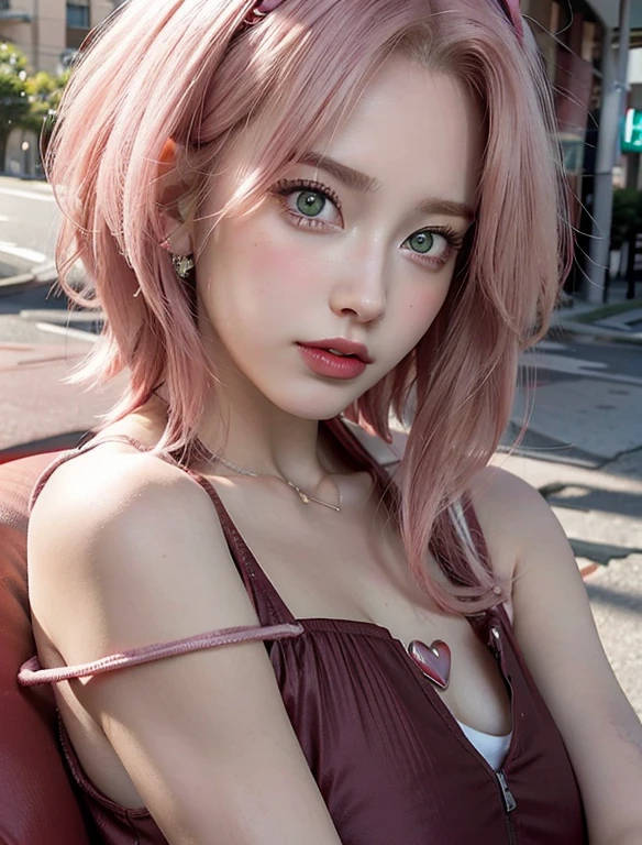 young woman, short shoulder-length pink hair, wide forehead, porcelain skin, pink eyebrows, big emerald green eyes, buttoned nose, full lips, heart-shaped face, slender body, small breasts, red tank top, Sakura Haruno , realistic, realism, details, 3d, well detailed