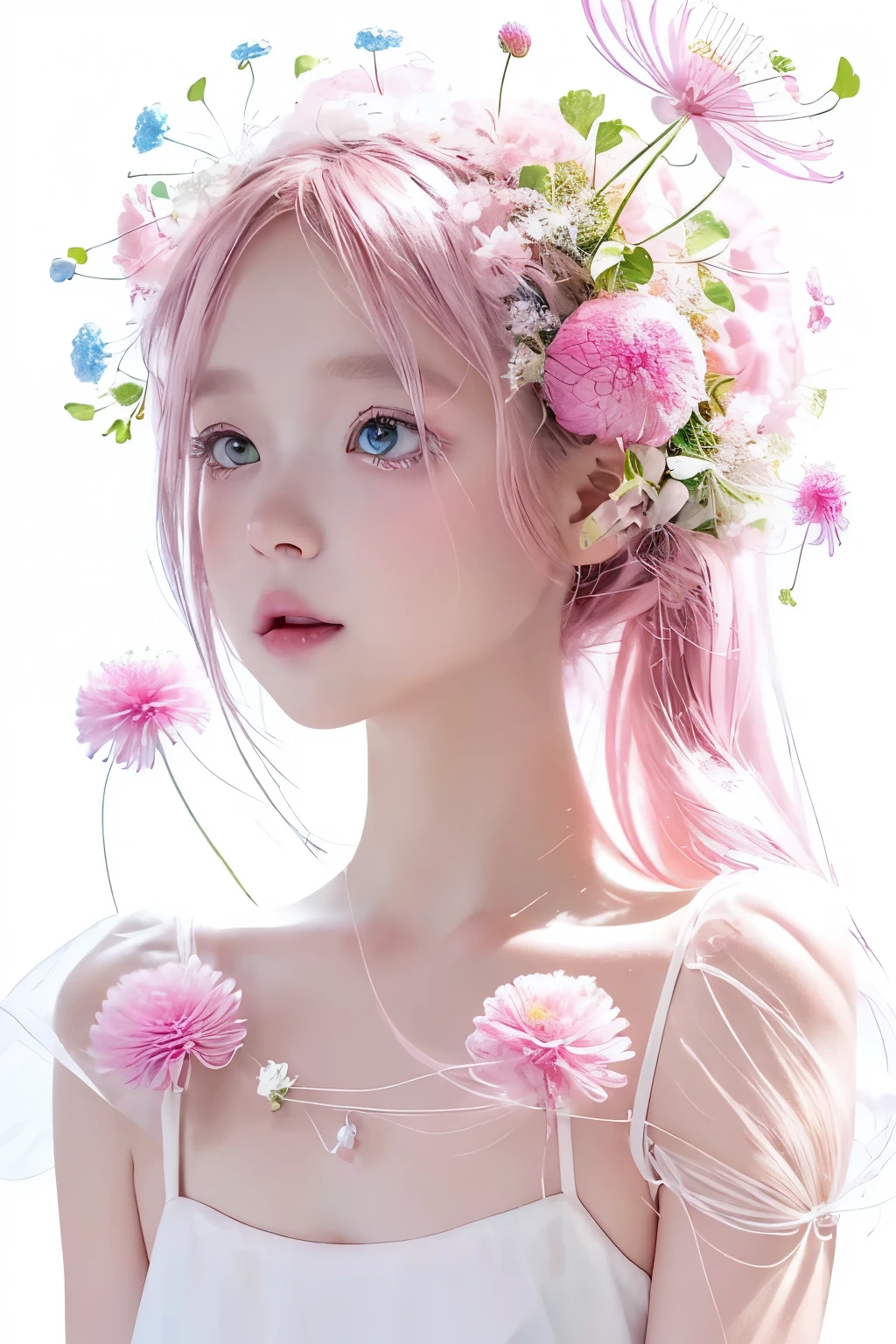 Realistic Clipart illustration,(((isolated on a white background))),very beautiful elegant pastel pink and white feather fairy in spring ,dark hair, hyper detail style, pink, green and soft pink mixed color settings, spiderlily, dahlias, ’s breath and forget me nots. mix of realism and elias chatzoudis style, vintage style, bioluminescence, glow, fairy fixed on white background, no background no shadow in png digital art, james gurney art, white background