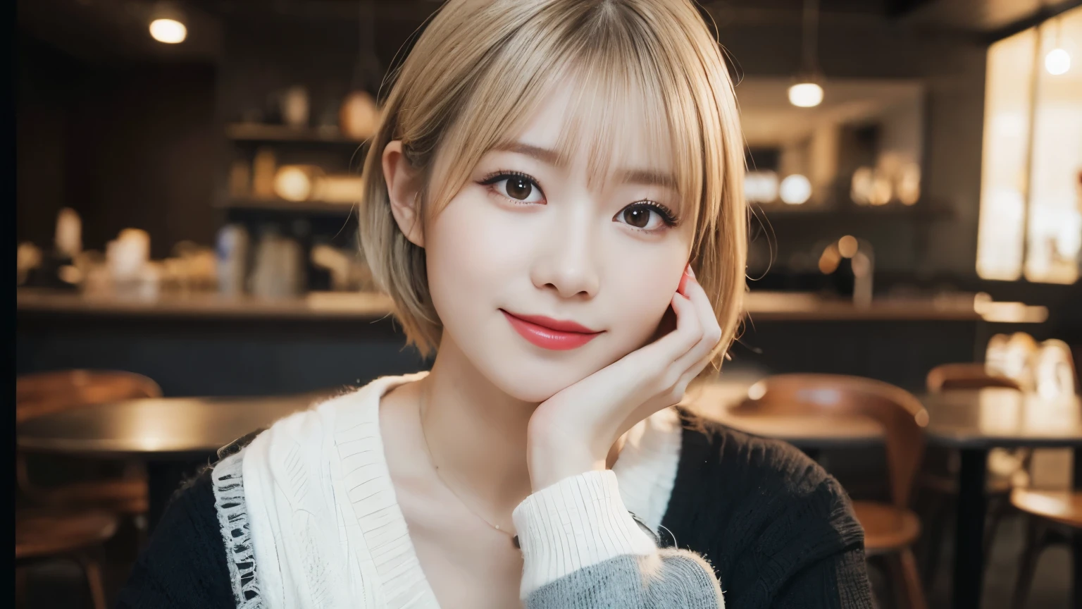 Random Pause, Mix 4, (8k, RAW Photos, highest quality, masterpiece: 1.45), (Realistic, Realistic: 1.37), One Girl, cute, Laughter, Professional Lighting, Photo taken at a cafe,Photon Mapping, Radio City, Physically Based Rendering, Gradient Blonde Hair, Gray Hair, Very short hair,Gal,good looking, With a girl,Long sleeve shirt,highest qualityの写真, High resolution, 1080p, (Clear Face), (Detailed facial depiction), (Detailed description of the hand), (masterpiece), Vibrant, Extreme light and shadow, Messy Hair, masterpiece, Rich details, (Detailed facial features), (highest qualityの写真), (masterpiece), (Finely tuned), dual、Look in front of you, Thin clavicle,Cafe Background