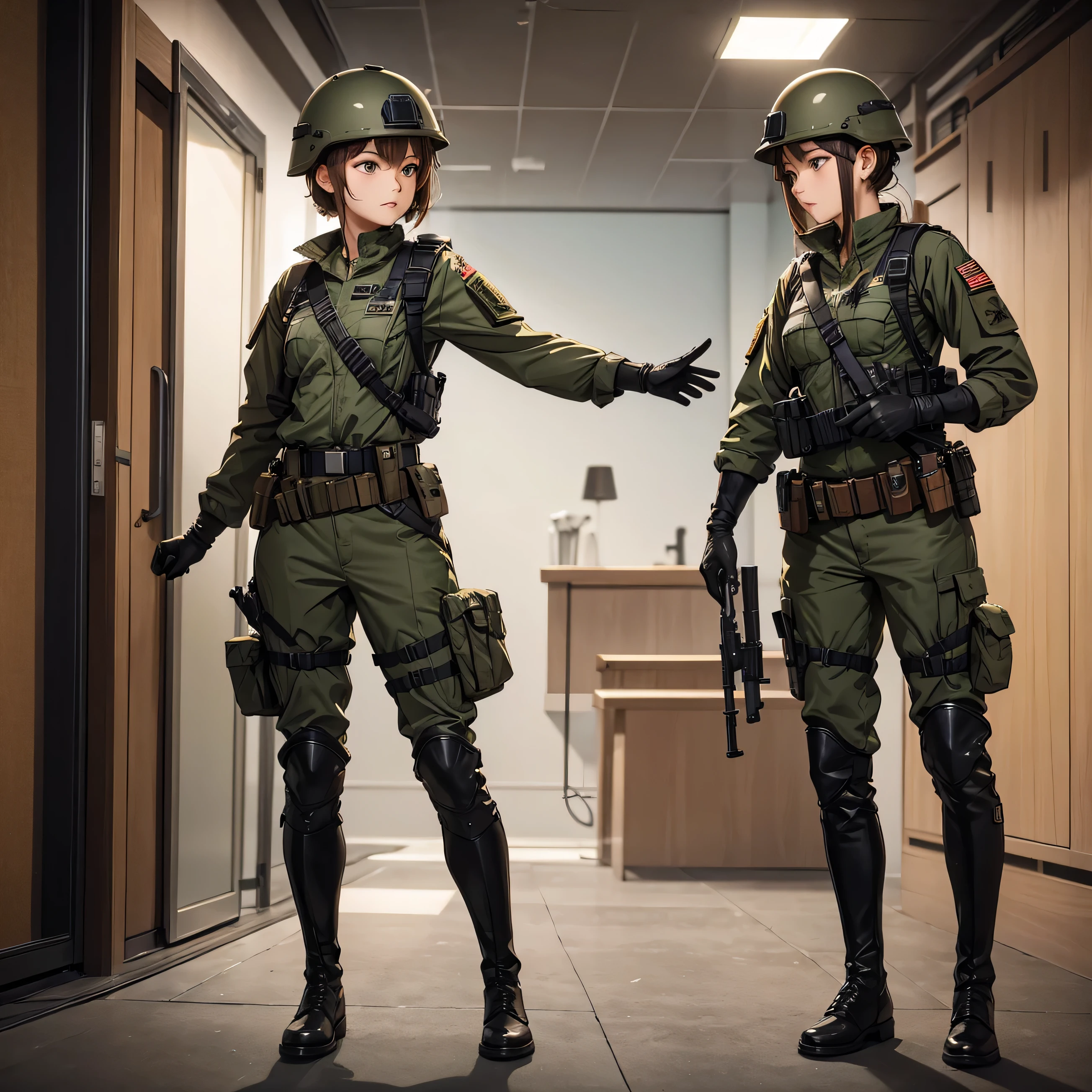 Female soldiers in helmets in battle,Shoot and shoot,Dark green military uniform,Brown belt,Magazine Pouch、Black boots,Indoor walkway,Tactical gloves,Tactical harness,full-body shot,Write details、masterpiece、best quality、Highly detailed CG、8K picture quality、theater lighting、lens flare