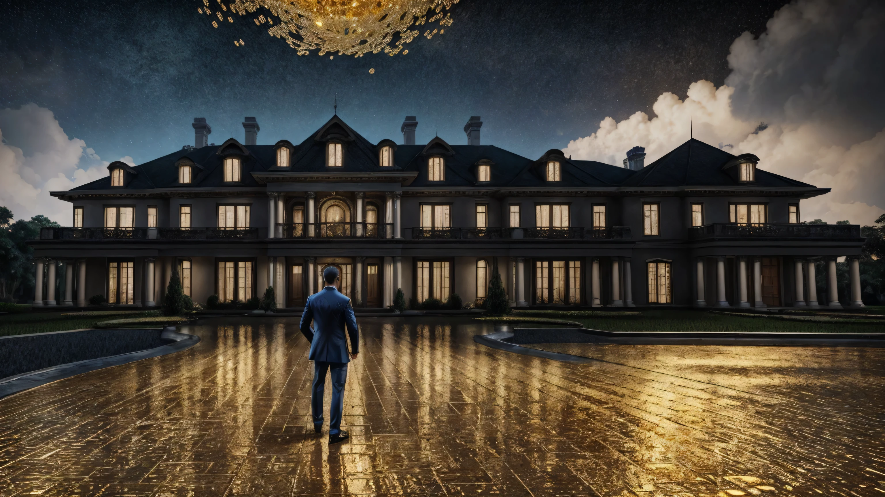 a man in front of a mansion full of gold coins falling from the sky, ultra detailed image, realism, 8k, hyper detailed skin, intense and vivid colors.
