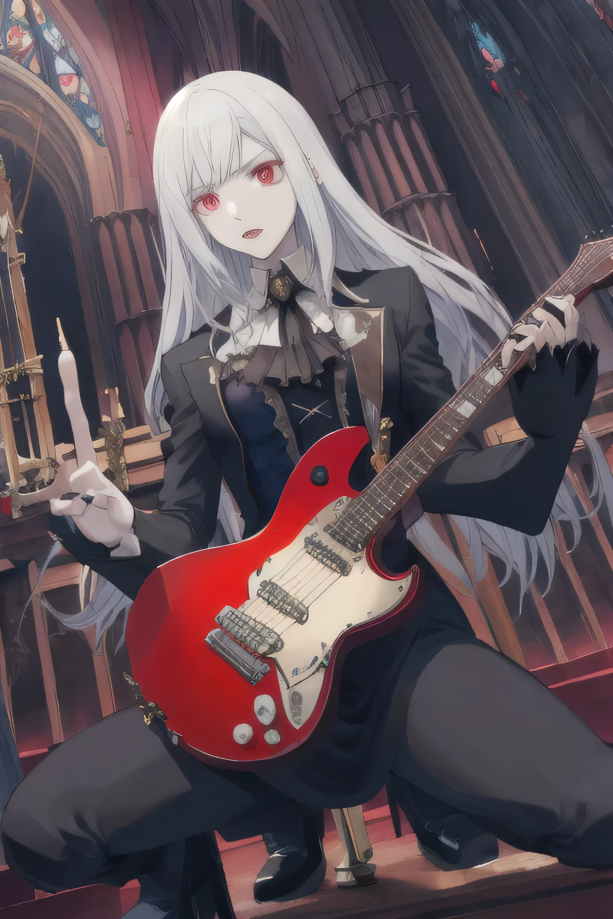 A vampire hunter musician, playing electric guitar inside a gothic church, in a dark room, castlevania art style anime