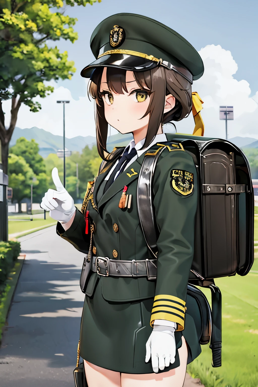 ((Original Character)) masterpiece, hd, 1girl, brown hair, yellow eyes, college student, 20 y.o, cute, military gunner, miltary uniform, military cap, standing, outdoor,  wearing brown backpack, (backpack:1.1), wearing white gloves