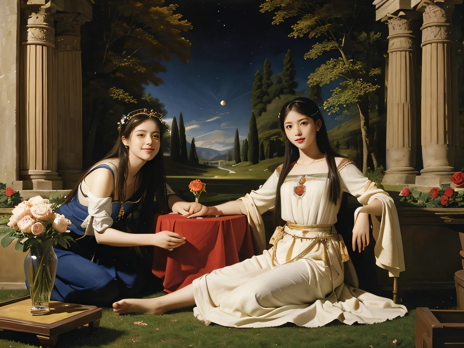 Giorgione painting style,Arguments of two female Philosophe,math、astronomical machine、astronaut、roses in vase、fruits、Cute trinkets、smile、ancient greek costume、Ancient Roman landscape in the style of Nicolas Poussin,laughter,,Sweet and seductive appearance.、Caravaggio's paintings、Chiaroscuro of Caravaggio、hair tousled by the wind,Two women frolicking,cute smile, expression of ecstasy,Sexy,erotic