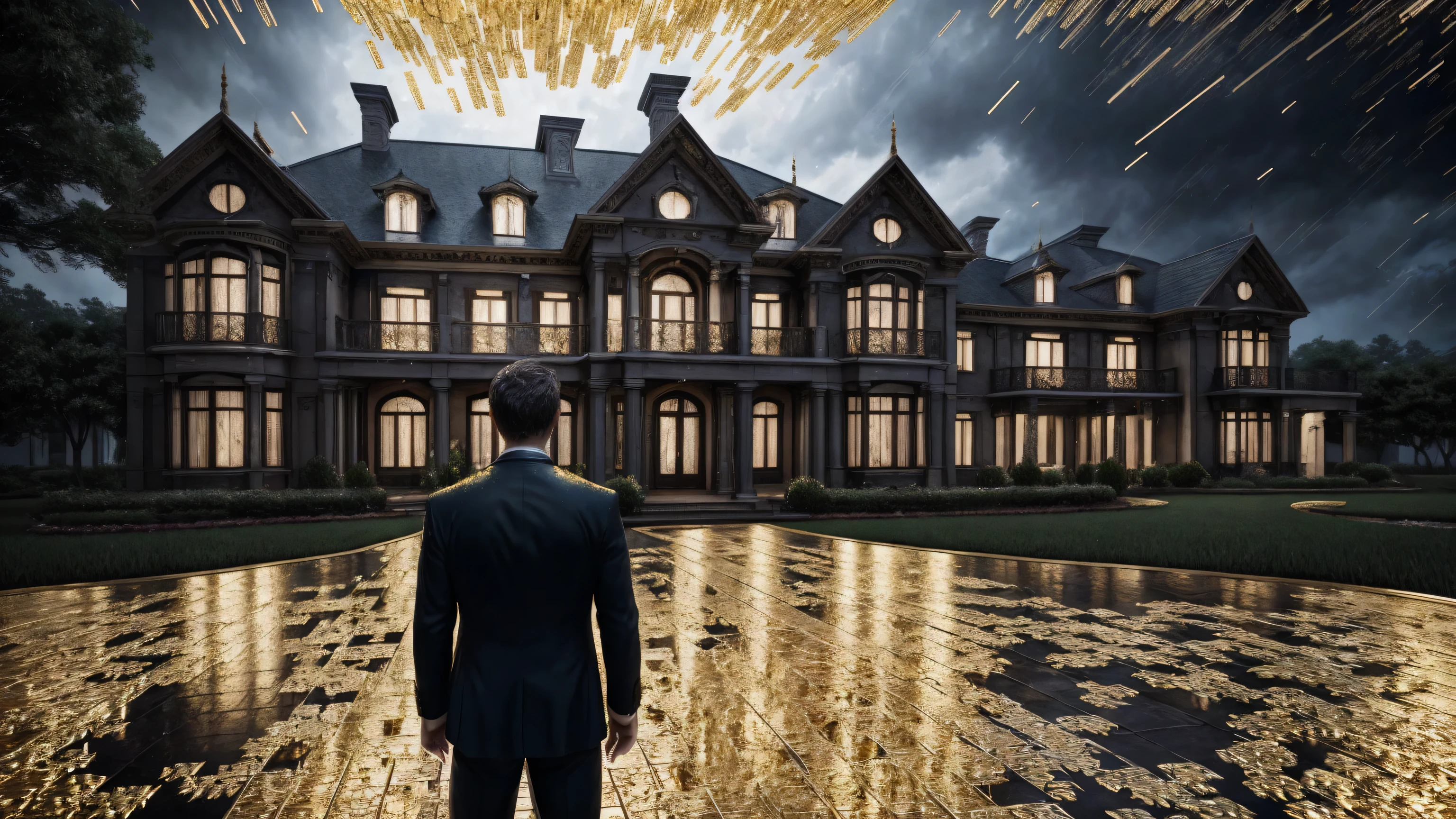 a man in front of a mansion full of gold coins falling from the sky, ultra detailed image, realism, 8k, hyper detailed skin, intense and vivid colors.
