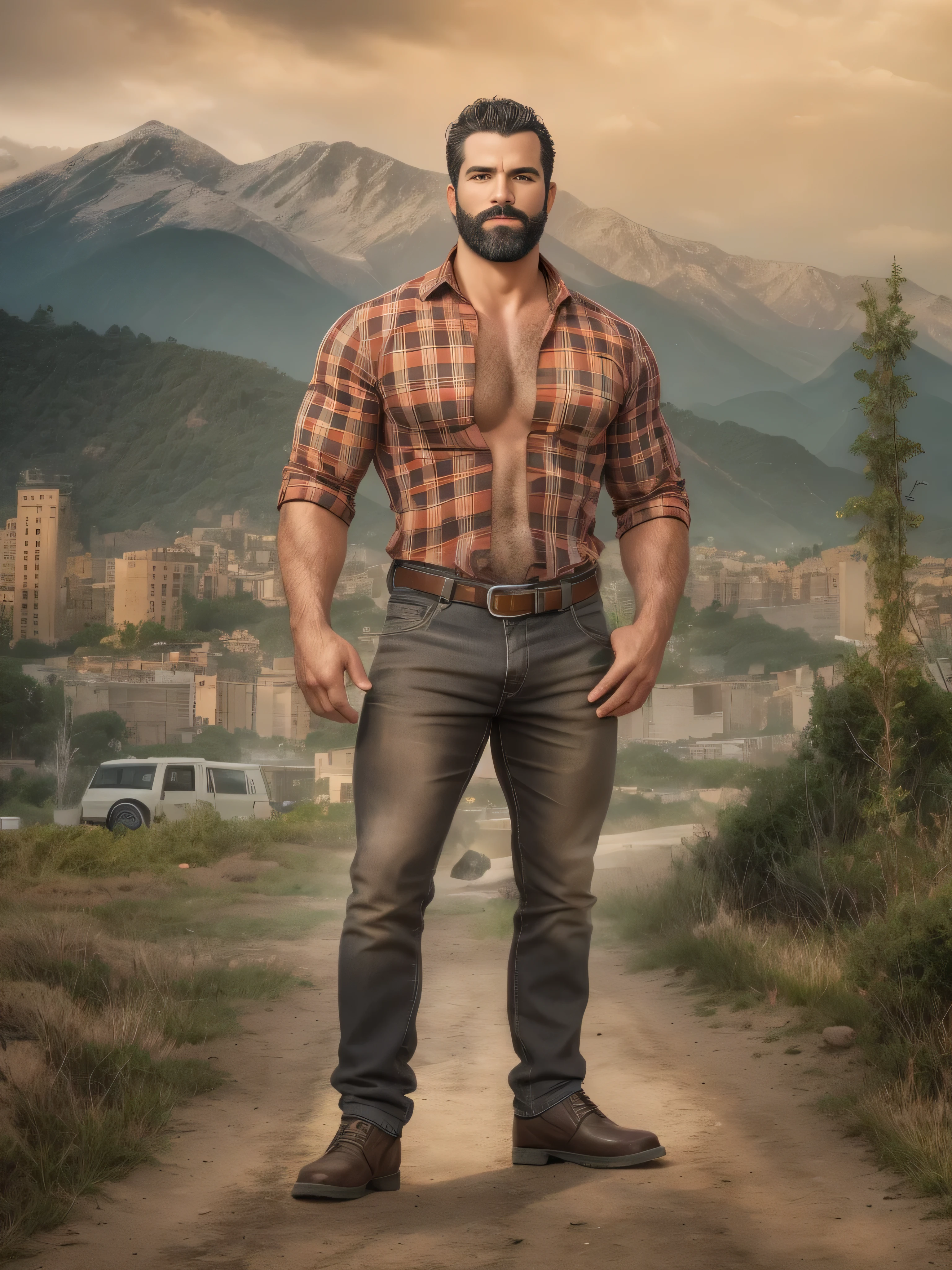 obra maestra, Mejor calidad, high resolution, Retrato de primer plano, (1 chico:1.4) A man in a lumberjack suit, muscular, (con camisa: 1.2) enfoque masculino, enfocarse solo, piel bronceada, 38-year old man,  muscular, fuerte, peludo, masculino, (descamisado: 1.2), In the background a mountain, in a city with a lot of traffic and pollution, amazing composition, Vista frontal, hdr, volumetric lighting, (plano general, desde el frente:1.2) (GS-Macho :1.5) (magnificent landscape:1.2)