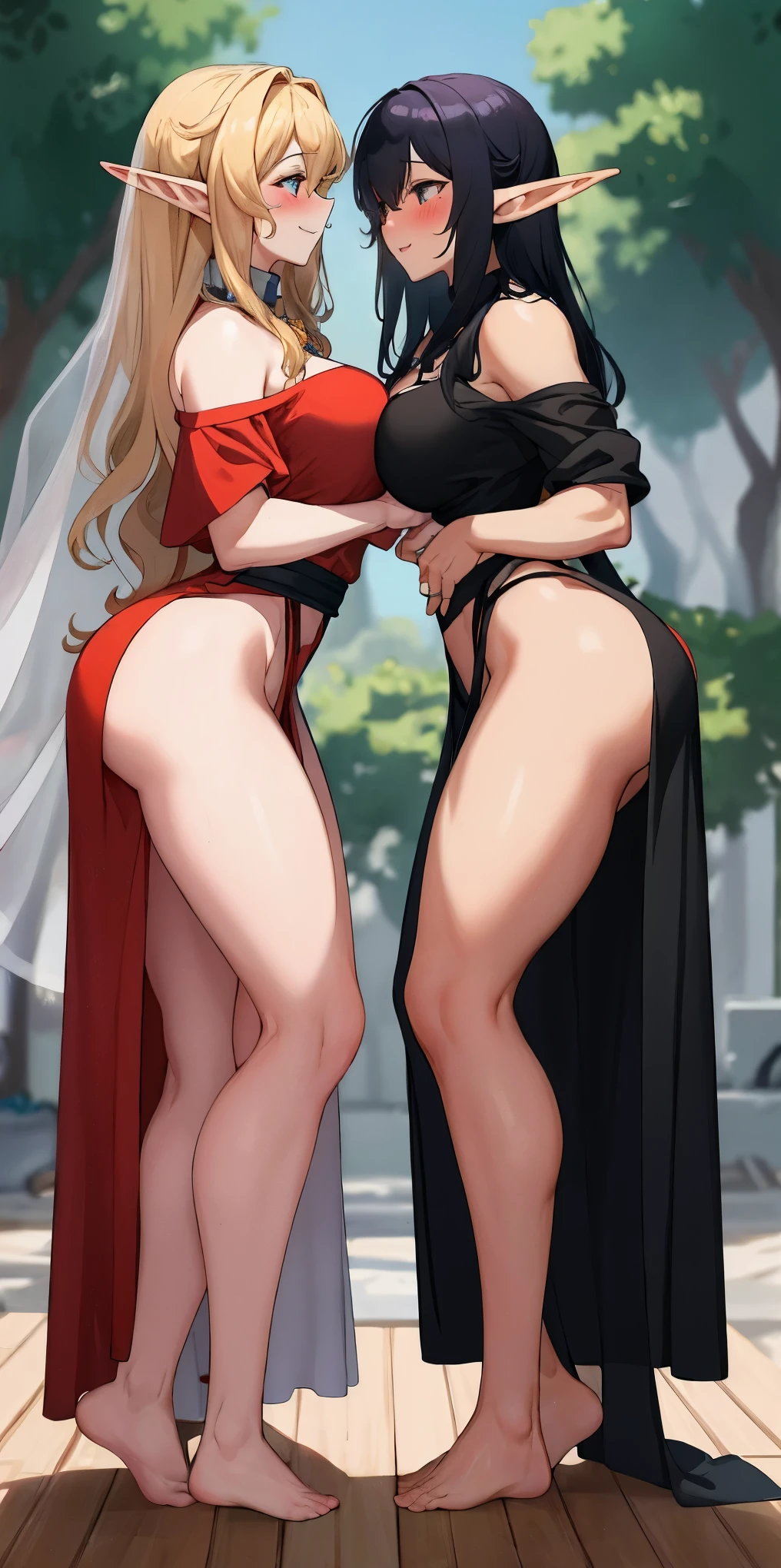 Body position: Standing, straight, symmetrical, barefoot, Lustful smile on face with red blush, 2 girls who gets married and stands in front of many people, kissing, purple skin drow elves