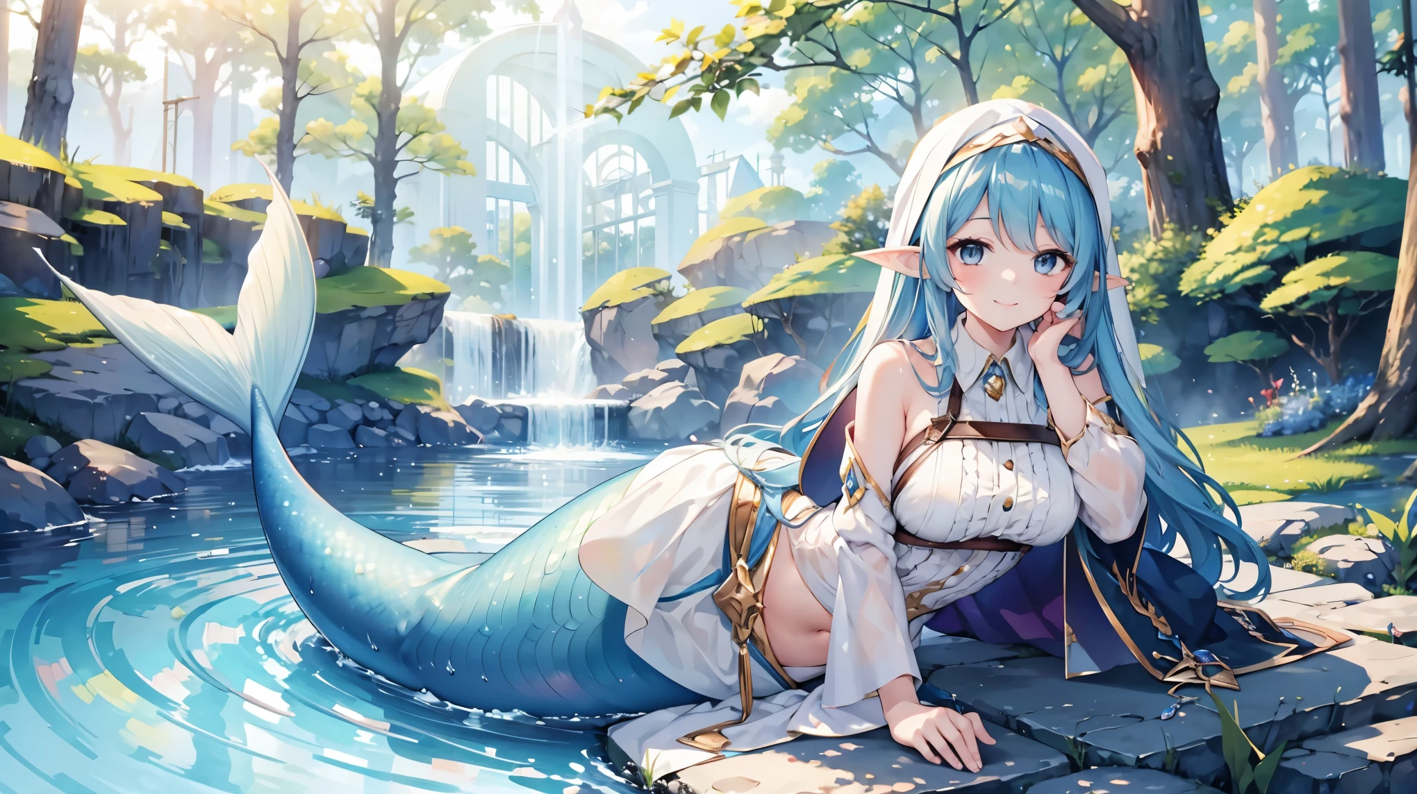 masterpiece, best quality,A girl,enchantress, blue hair, blue eyes, elf ears,white dress,ahoge,solo,Large Breasts,Mermaid,蓝色的Mermaid尾巴,full-body shot,charming face(Kawaii, charming,Soft),lying in a pond,forest,Looking at the audience,Smile